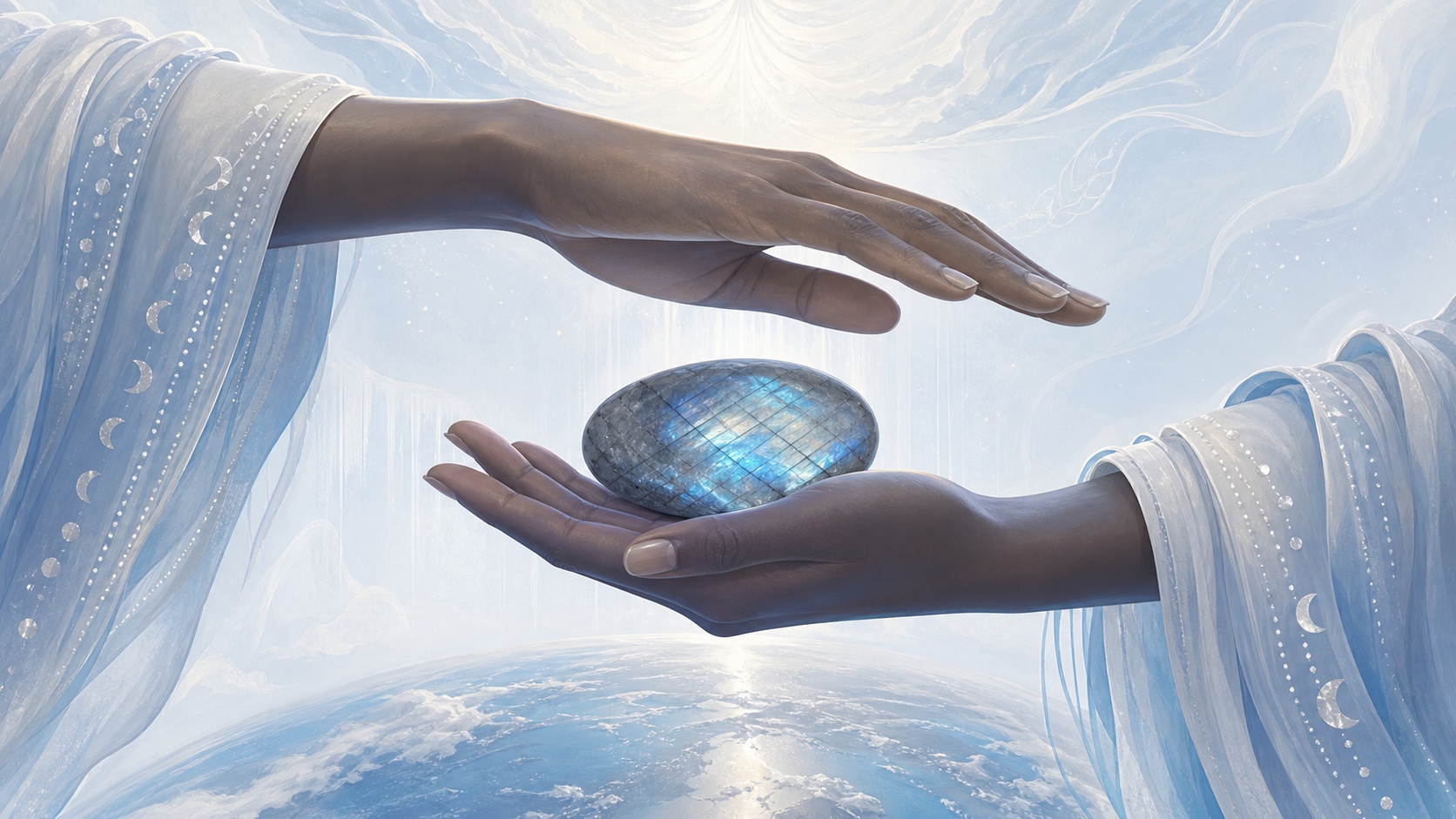 mains africaines tenant une labradorite entre terre et lumière du matin, message de l'heure 07:22