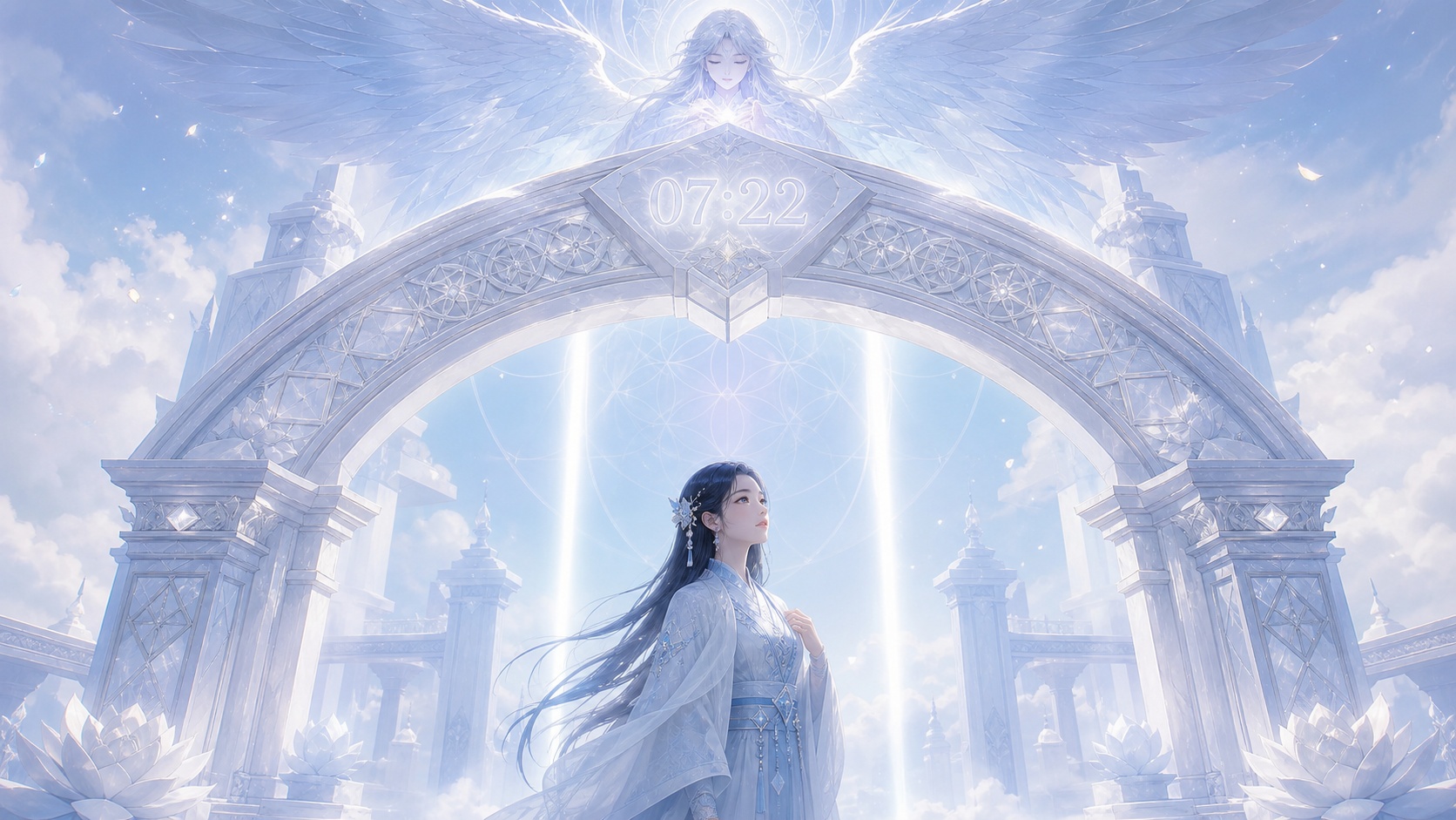 personnage asiatique sous une arche géométrique nacrée avec Melahel, symbolique de l'heure 07:22