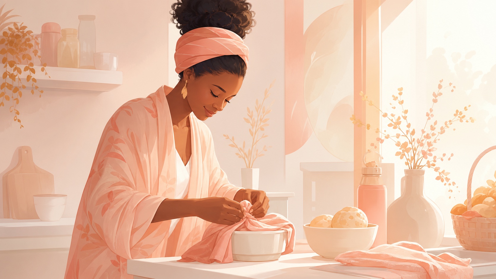 femme africaine accomplissant un geste de soin simple dans le matin, vibration de l'heure 07:33