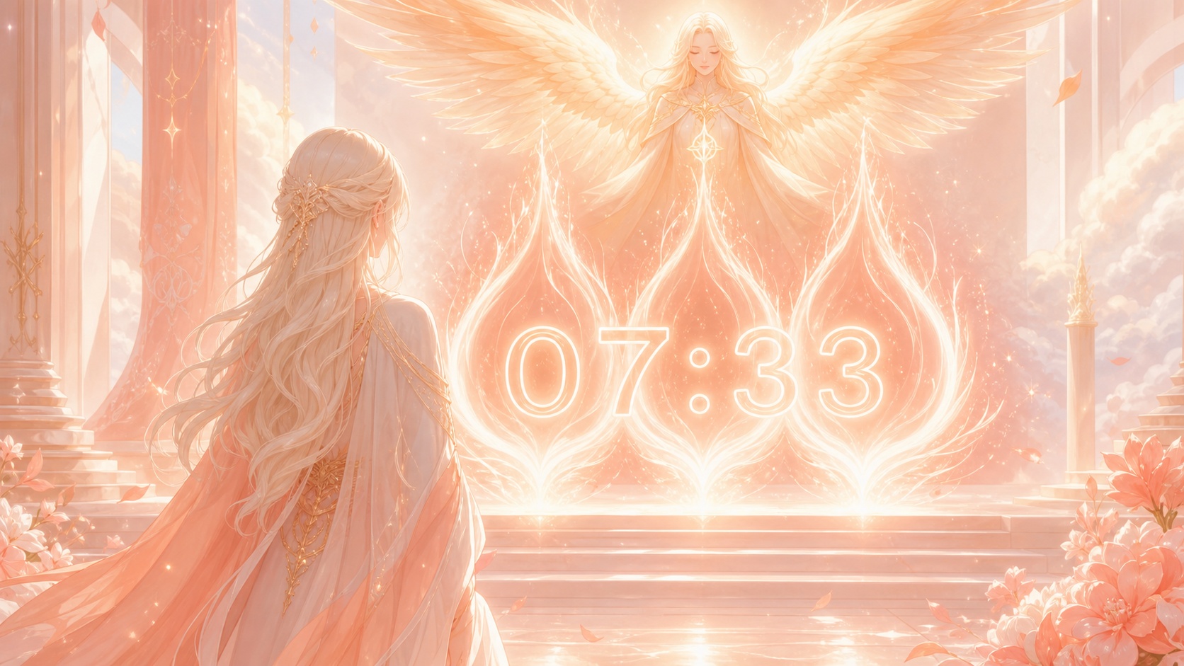 personnage nordique devant trois flammes corail avec Melahel, symbolique de l'heure 07:33