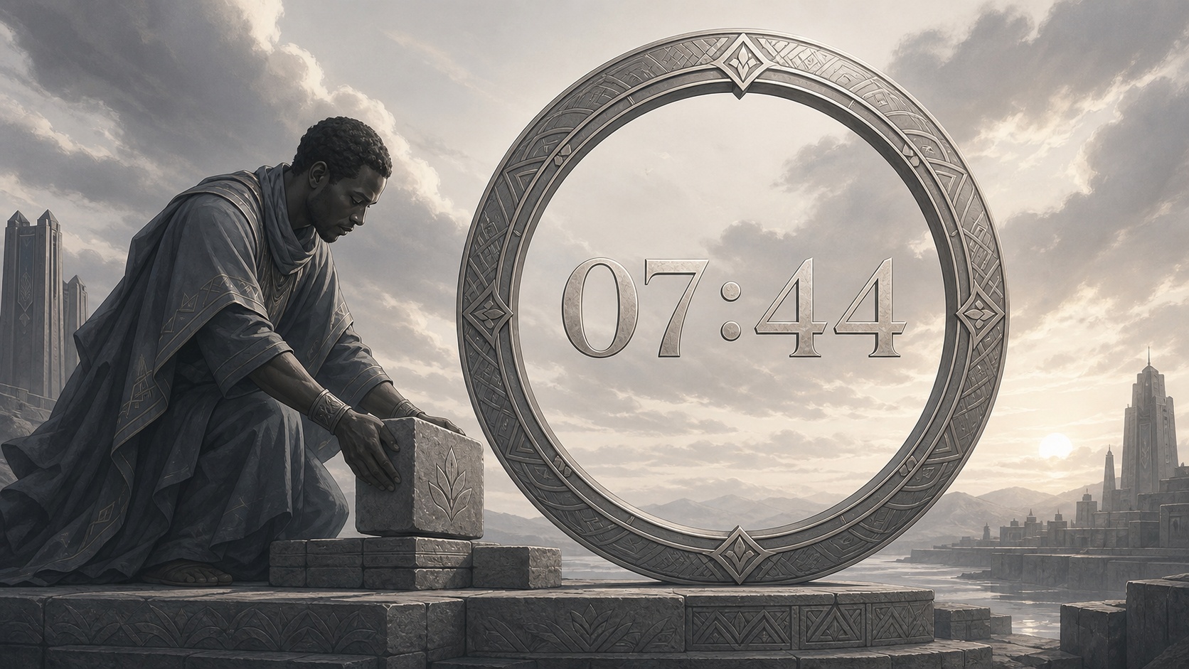 homme africain devant un anneau gris ardoise et argent chaud avec 07:44 et un ciel matinal, signification de l'heure 07:44