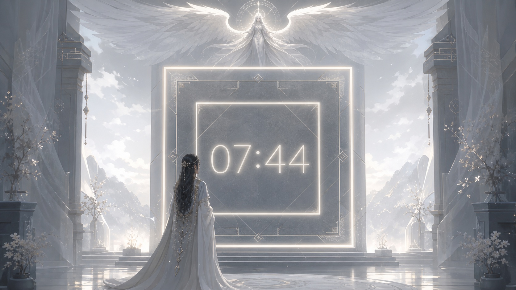 personnage moyen-oriental devant un carré géométrique doublement ancré gris ardoise et argent chaud avec Haheuiah, symbolique de l'heure 07:44