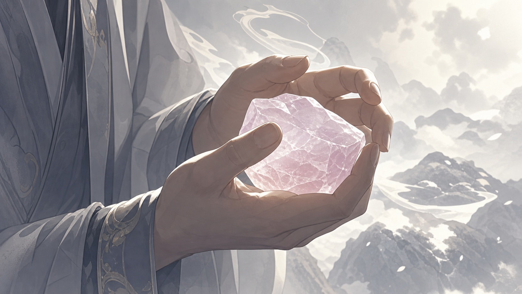 mains asiatiques tenant un quartz rose pâle dans un geste de choix conscient, message de l'heure 07:44