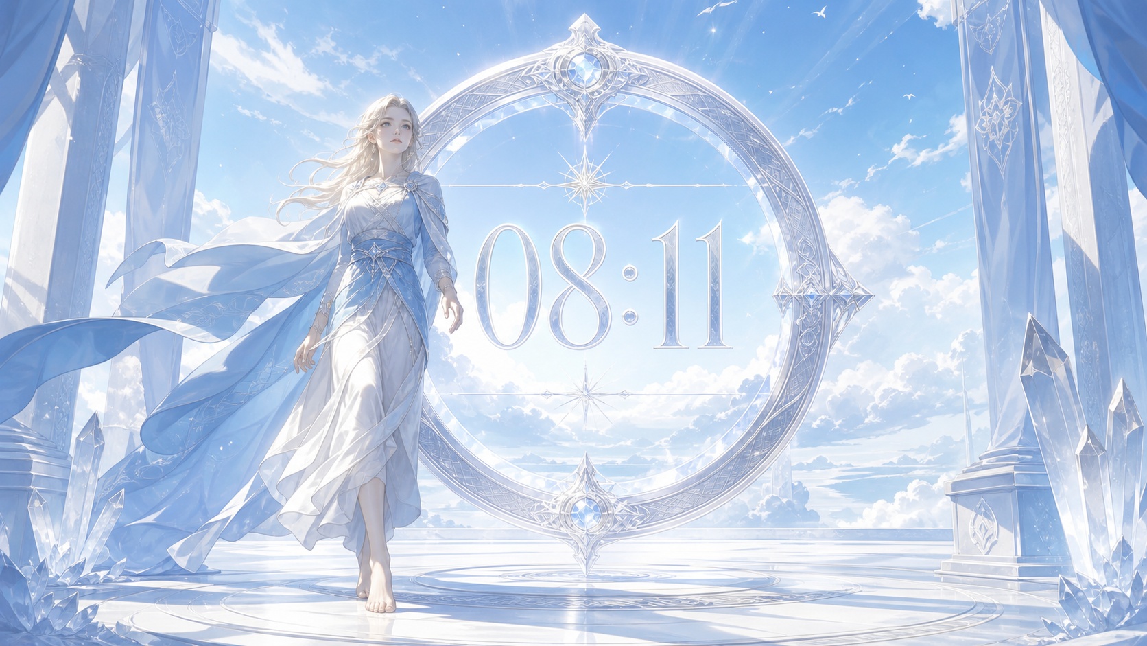 femme nordique devant un anneau en cristal de roche avec 08:11 en argent lunaire et un ciel de matin clair, signification de l'heure 08:11