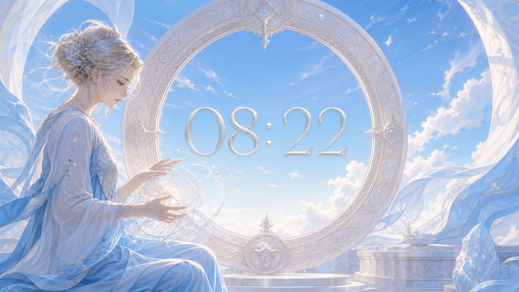 femme nordique devant un anneau en pierre claire avec 08:22 en argent lunaire et un matin bleu lumineux, signification de l'heure 08:22