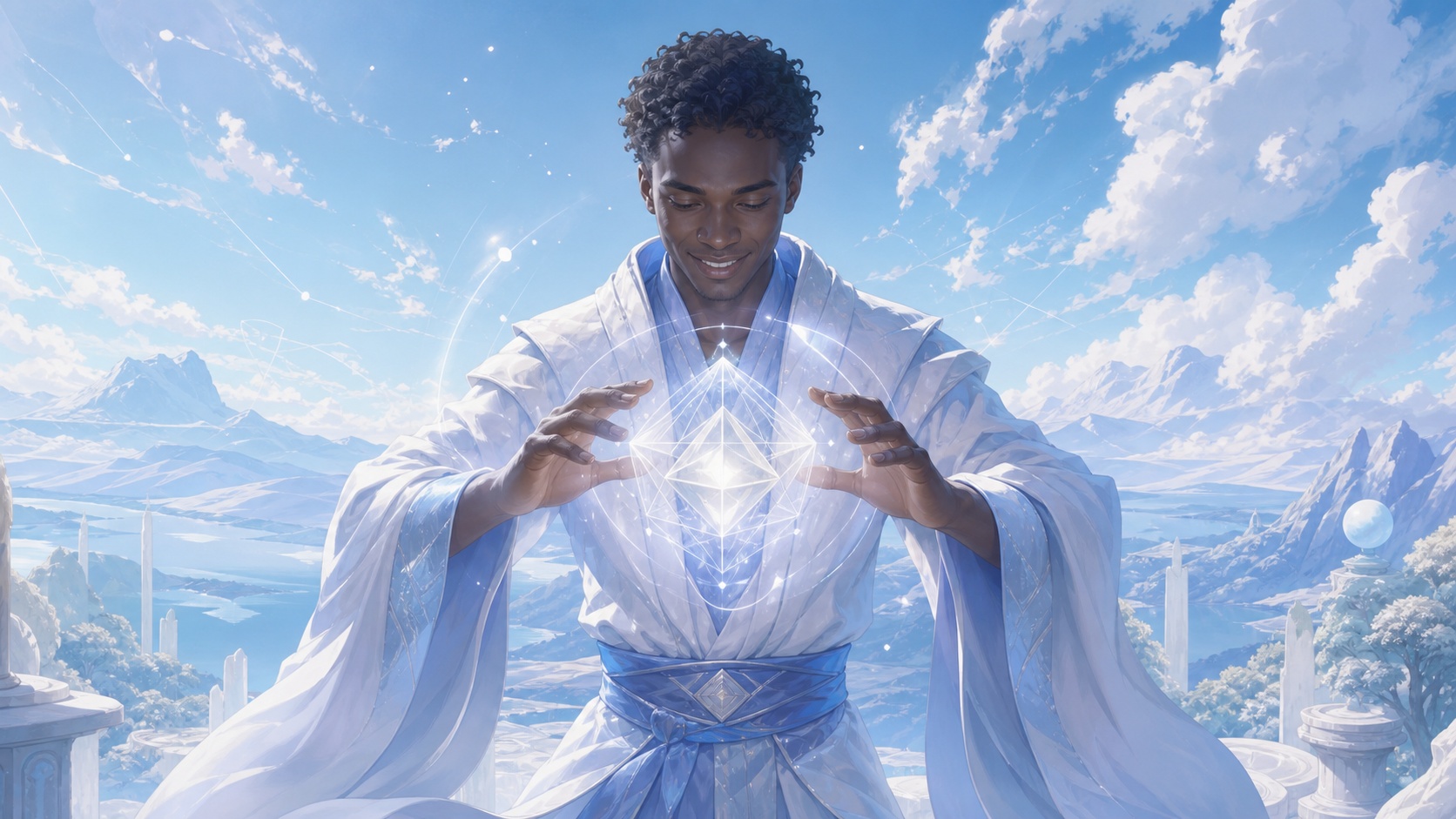 homme africain façonnant une forme lumineuse dans la clarté du matin, vibration de l'heure 08:22