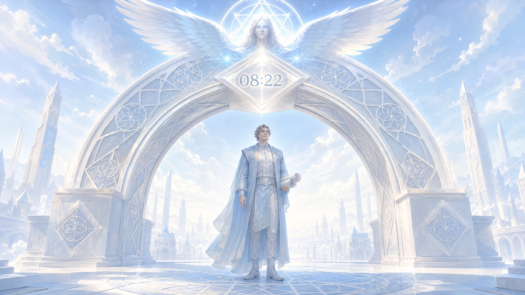 personnage européen sous une arche géométrique nacrée avec Haaiah, symbolique de l'heure 08:22