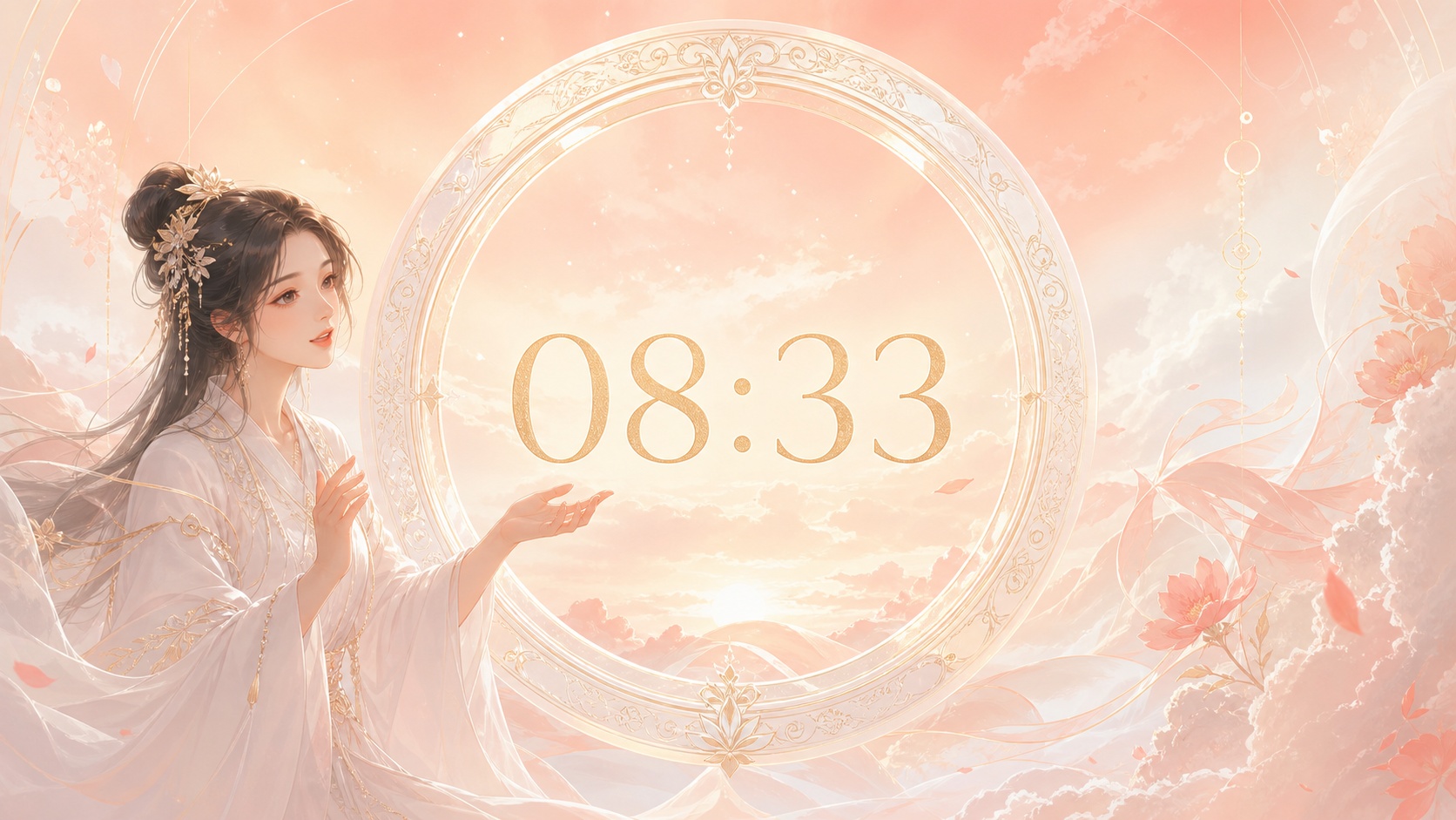 femme asiatique devant un anneau nacré et or clair avec 08:33 et un matin corail lumineux, signification de l'heure 08:33