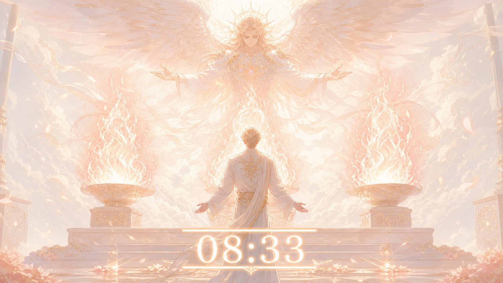 personnage européen devant trois flammes corail avec Haaiah, symbolique de l'heure 08:33