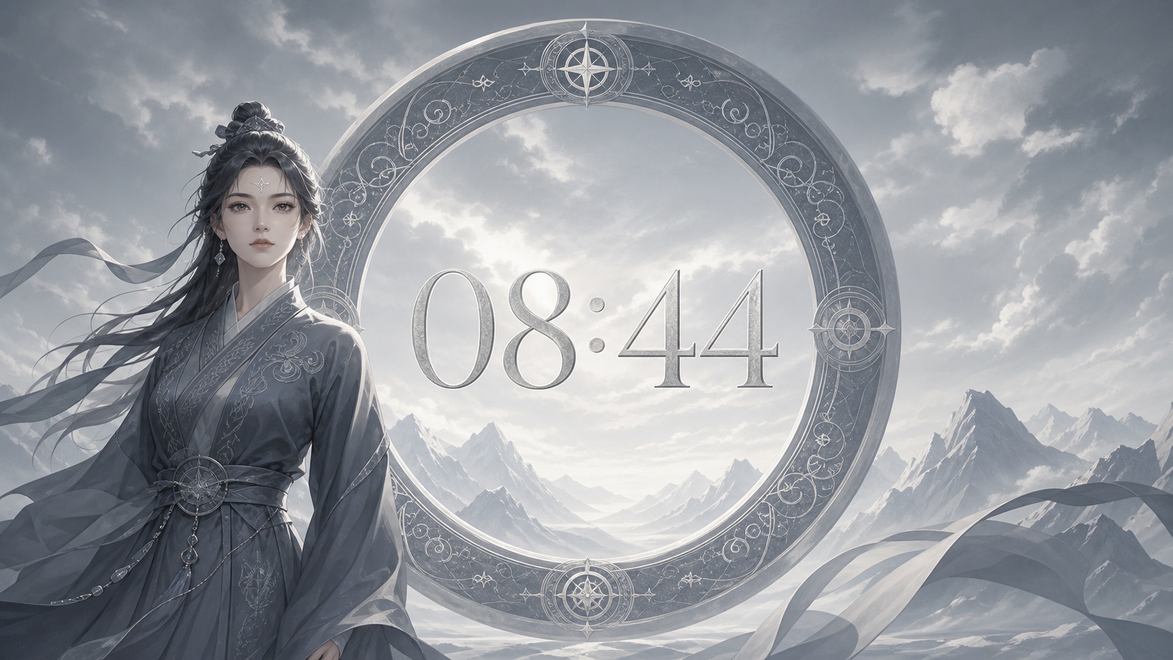 femme asiatique devant un anneau gris ardoise et argent clair avec 08:44 et un ciel matinal lumineux, signification de l'heure 08:44