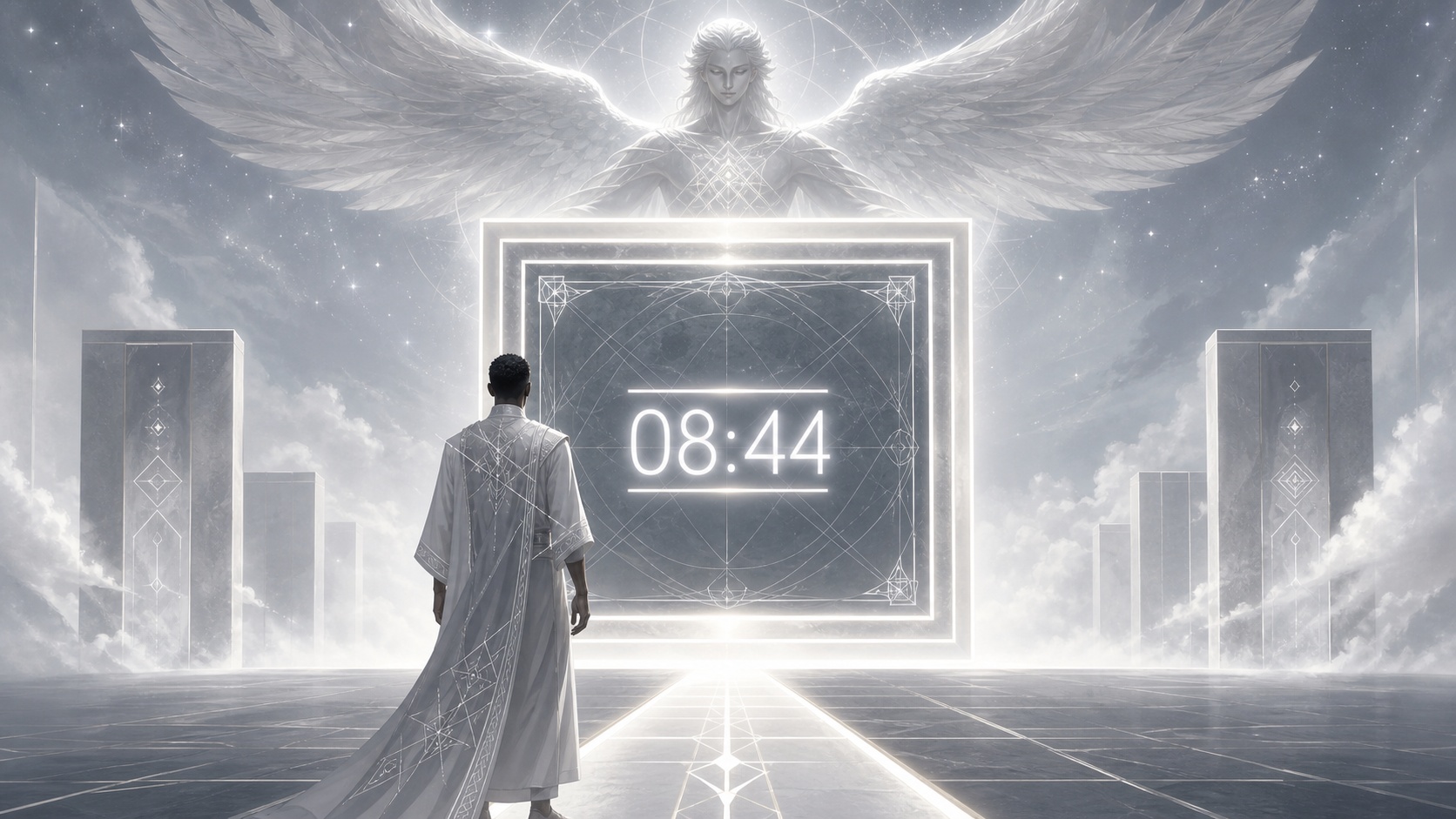 personnage africain devant un carré géométrique doublement ancré gris ardoise et argent clair avec Yerathel, symbolique de l'heure 08:44