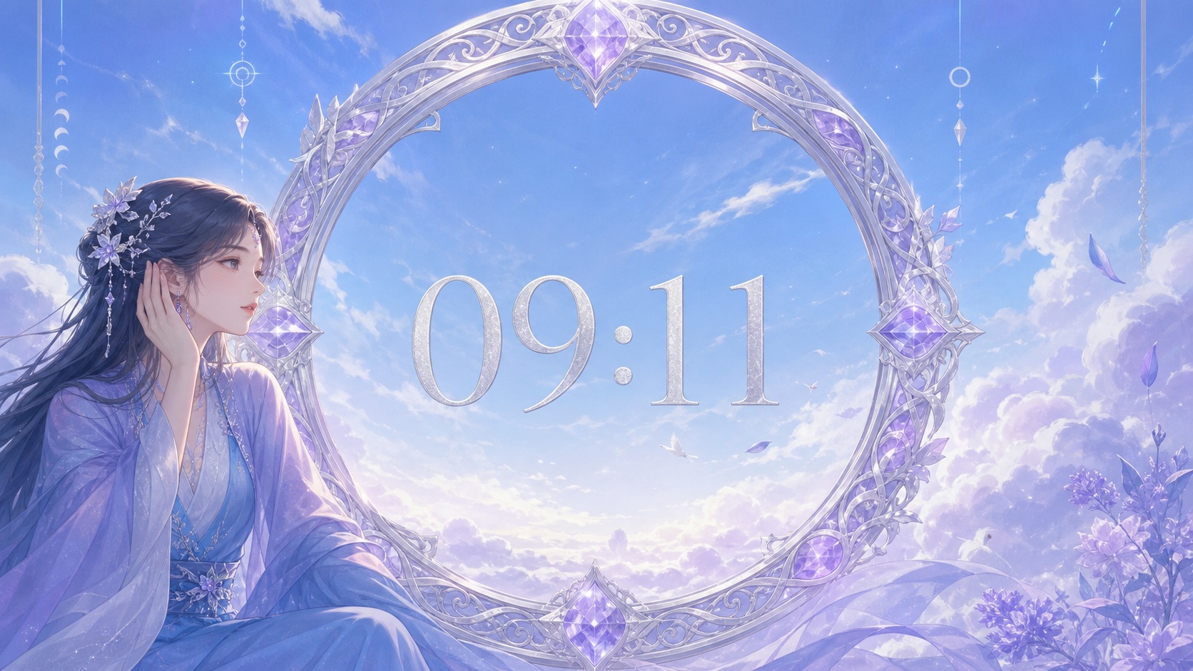 femme asiatique devant un anneau en améthyste avec 09:11 en argent lunaire et un ciel de matinée bleu et lavande, signification de l'heure 09:11