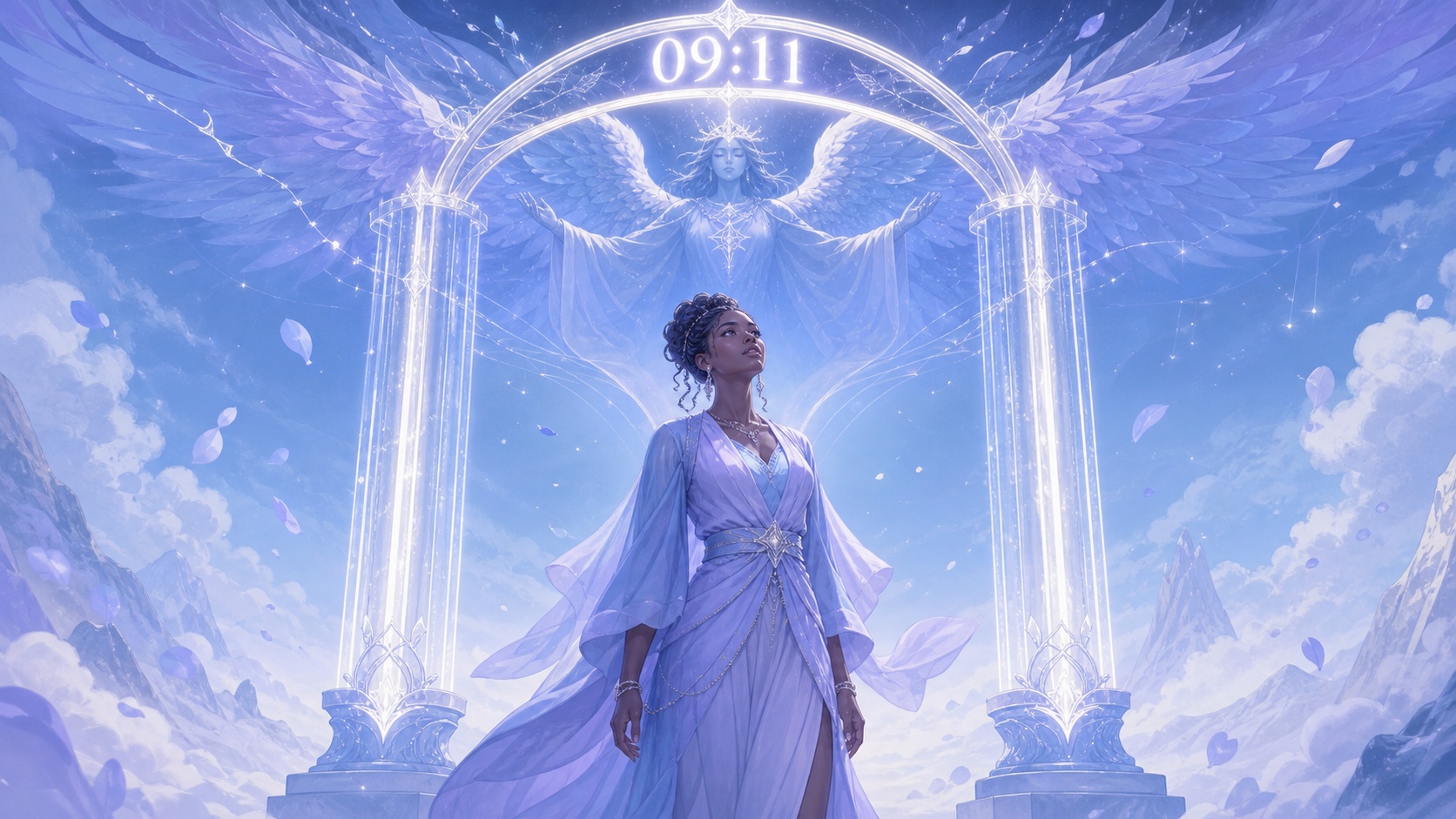 personnage africain entre deux piliers de lumière argent lunaire évoquant le 11 avec Seheiah dans l'arc, symbolique de l'heure 09:11