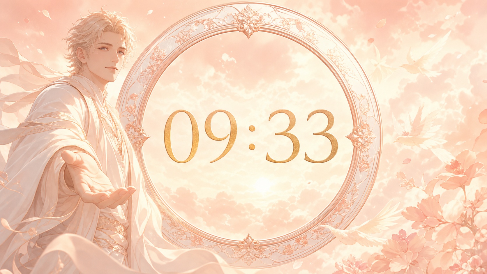 homme nordique devant un anneau nacré et rose doré avec 09:33 et une matinée corail, signification de l'heure 09:33
