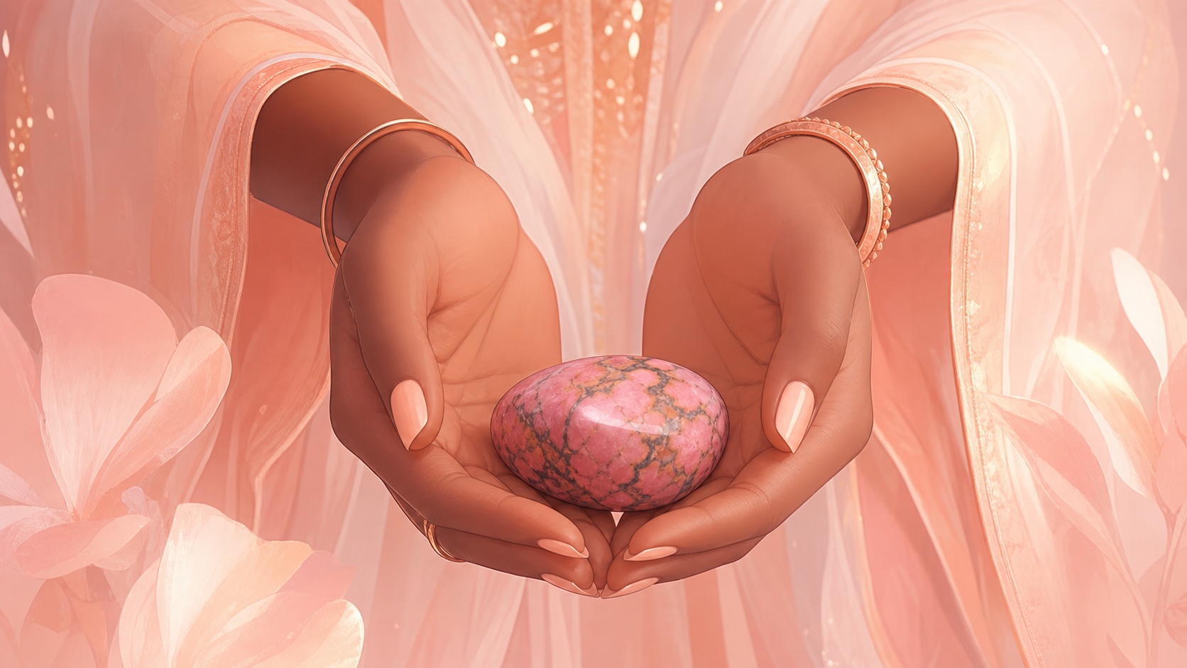 mains africaines offrant une rhodonite d'un geste mesuré, message de l'heure 09:33