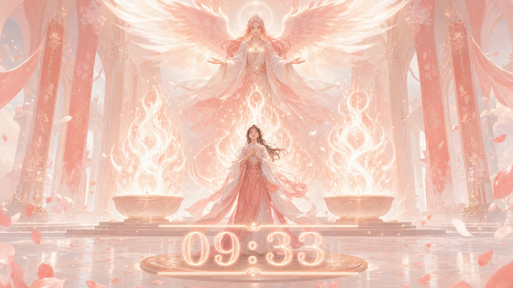 personnage asiatique devant trois flammes corail avec Reiyel, symbolique de l'heure 09:33
