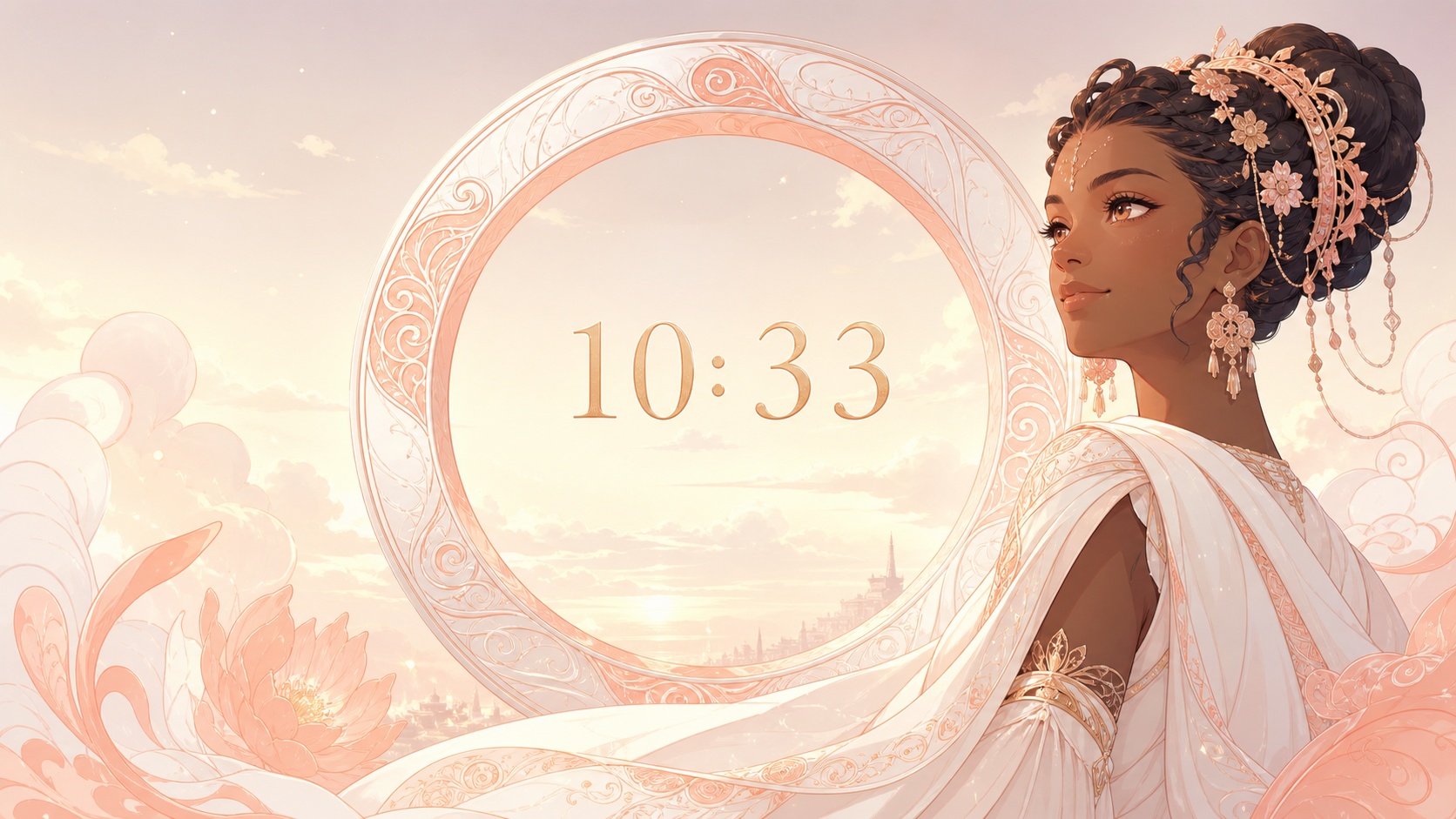 femme africaine devant un anneau nacré et corail avec 10:33 et une matinée dorée douce, signification de l'heure 10:33