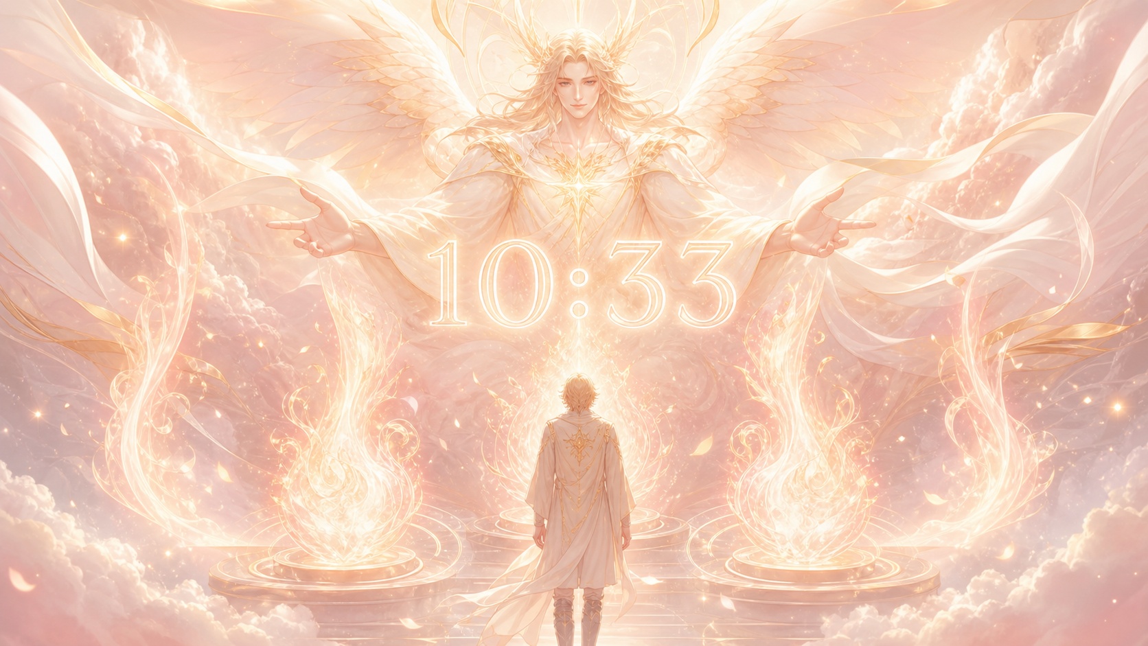 personnage européen devant trois flammes corail avec Vasariah, symbolique de l'heure 10:33