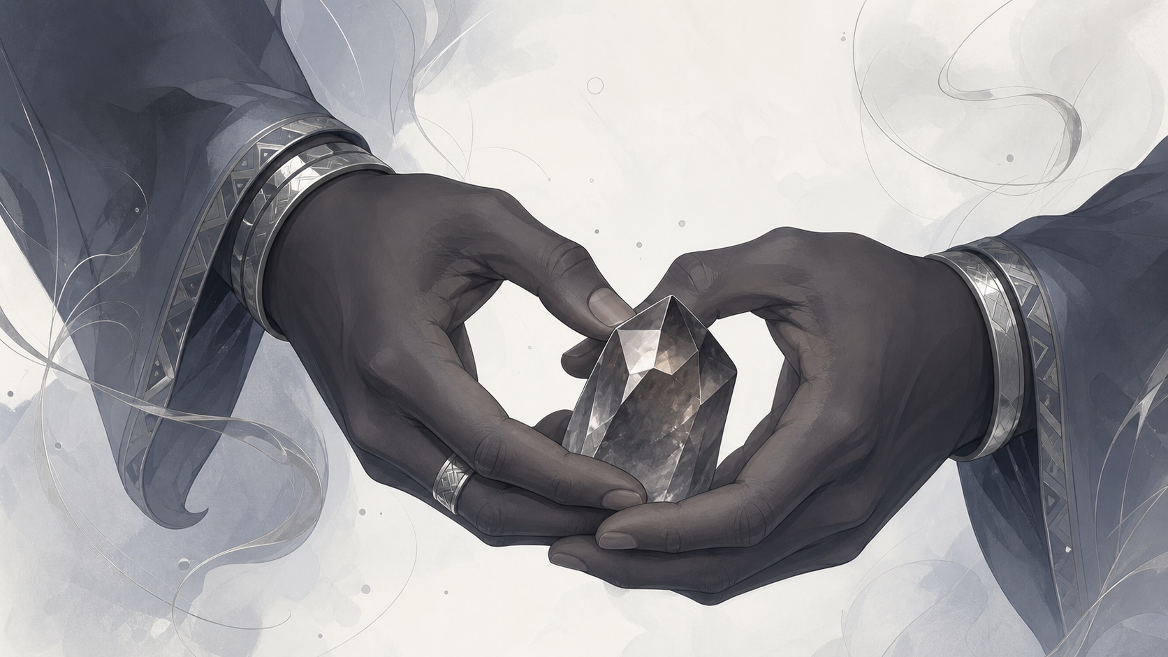 mains africaines tenant un quartz fumé dans un geste de sagesse tranquille, message de l'heure 10:44