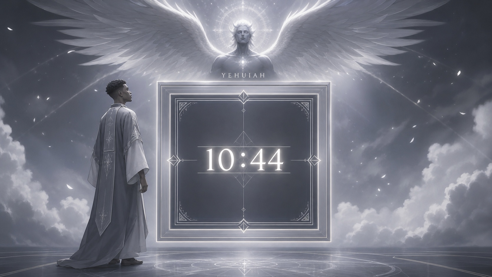 personnage africain devant un carré géométrique doublement ancré gris ardoise et argent mat avec Yehuiah, symbolique de l'heure 10:44