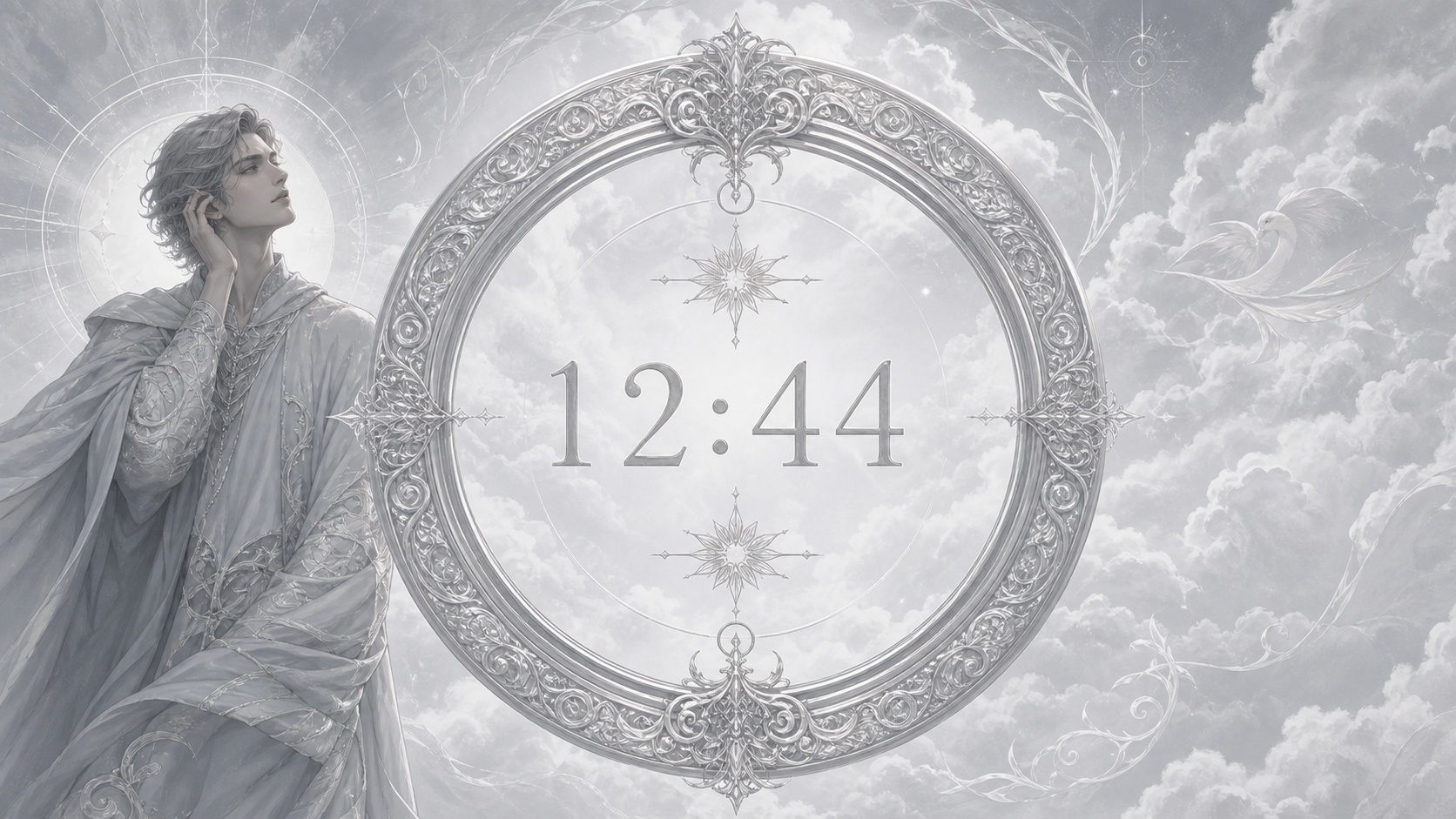 homme européen devant un anneau gris ardoise clair et argent doux avec 12:44 et un ciel de zénith, signification de l'heure 12:44