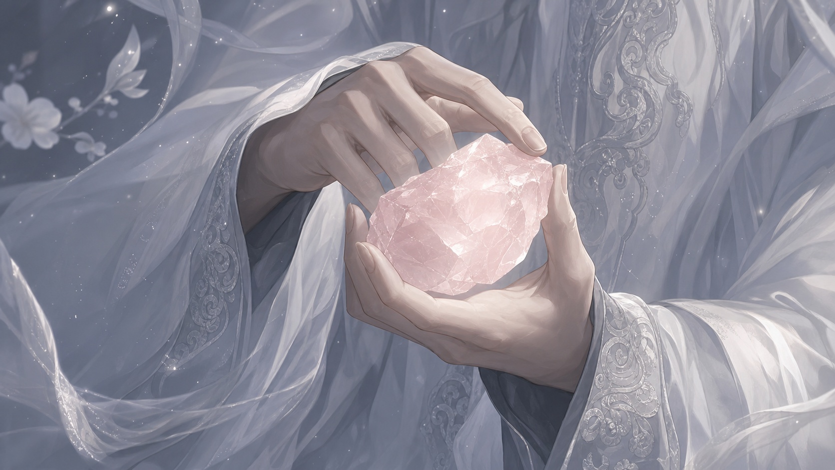 mains asiatiques tenant un quartz rose pâle dans un geste d'écoute suspendue, message de l'heure 12:44