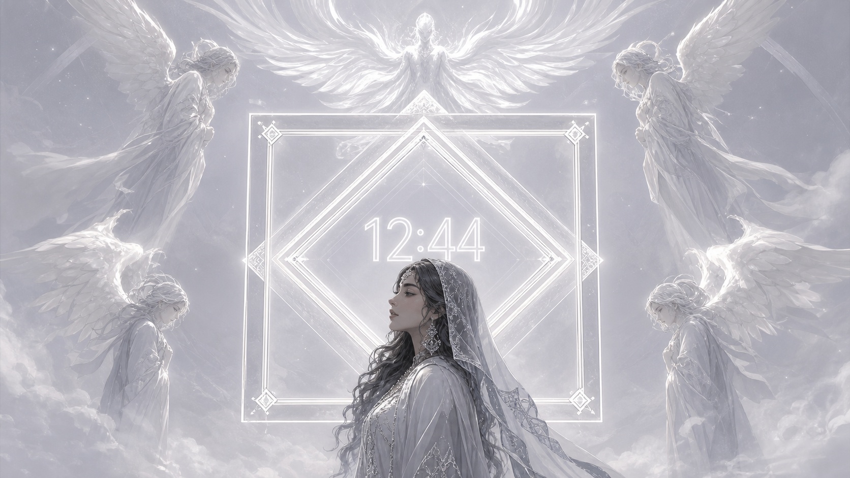 personnage moyen-oriental devant un carré géométrique doublement ancré gris ardoise clair et argent doux avec Rehael, symbolique de l'heure 12:44