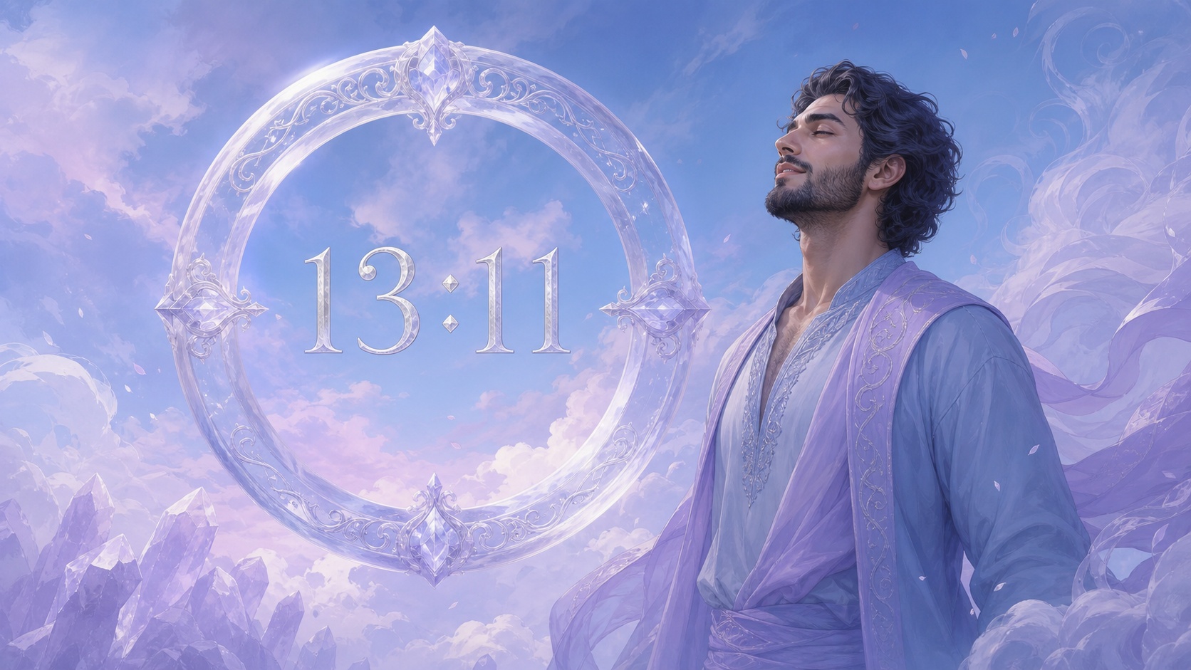 homme moyen-oriental devant un anneau en quartz doux avec 13:11 en argent lunaire et un ciel d'après-midi bleu et lilas, signification de l'heure 13:11