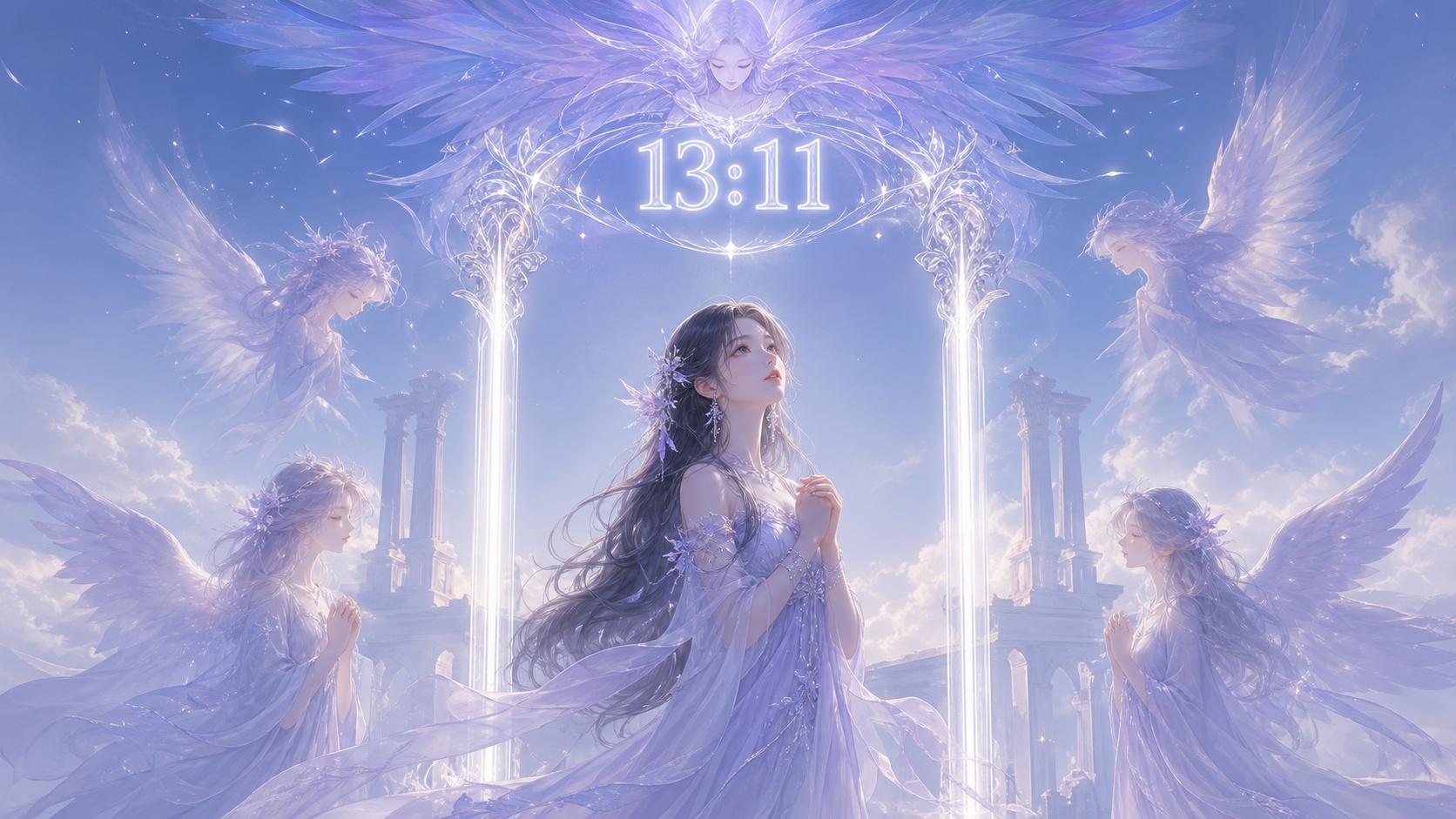 personnage asiatique entre deux piliers de lumière argent lunaire évoquant le 11 avec Ieiazel dans l'arc, symbolique de l'heure 13:11
