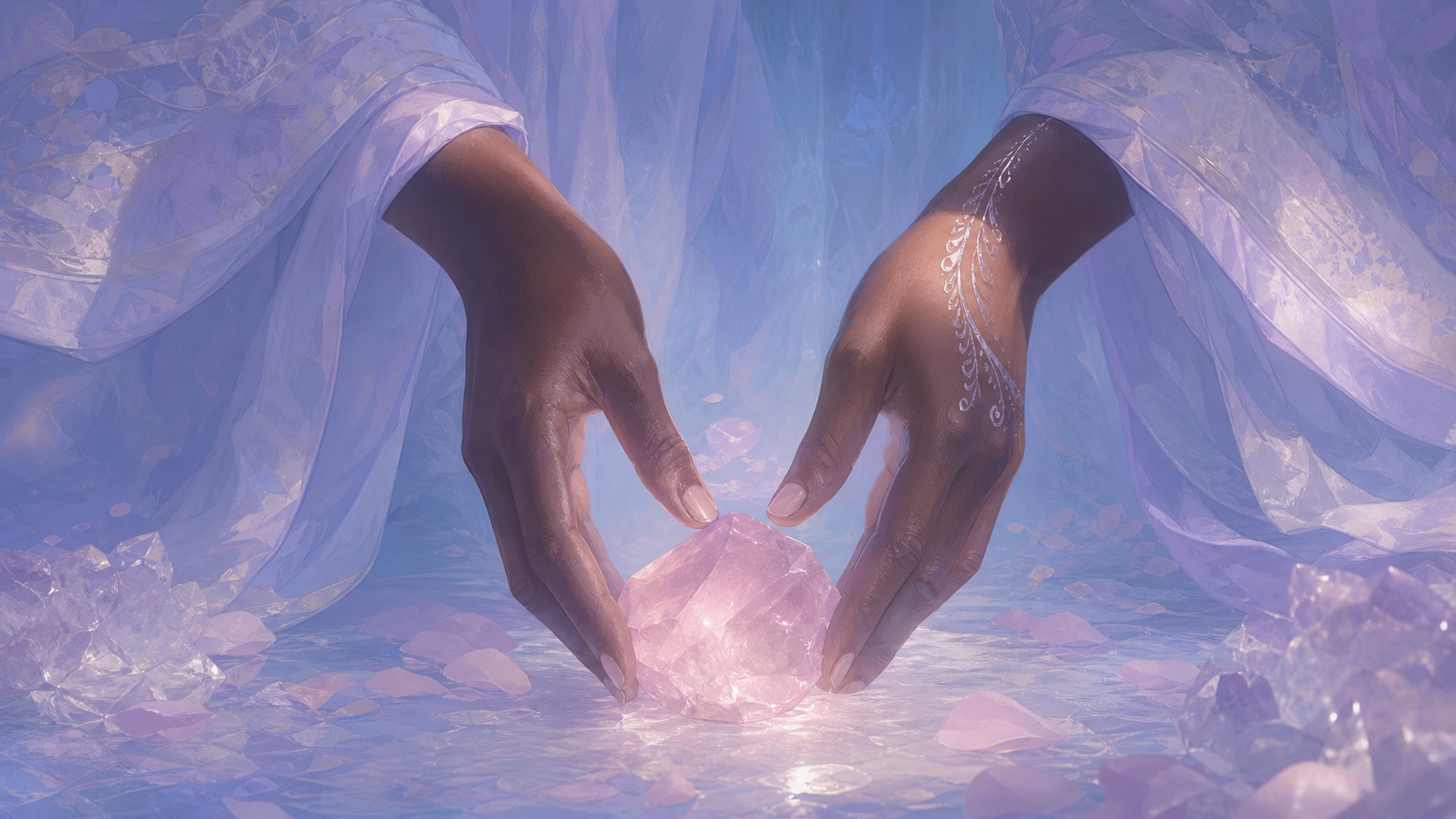 mains africaines déposant un quartz rose dans la lumière de l'après-midi, message de l'heure 13:11