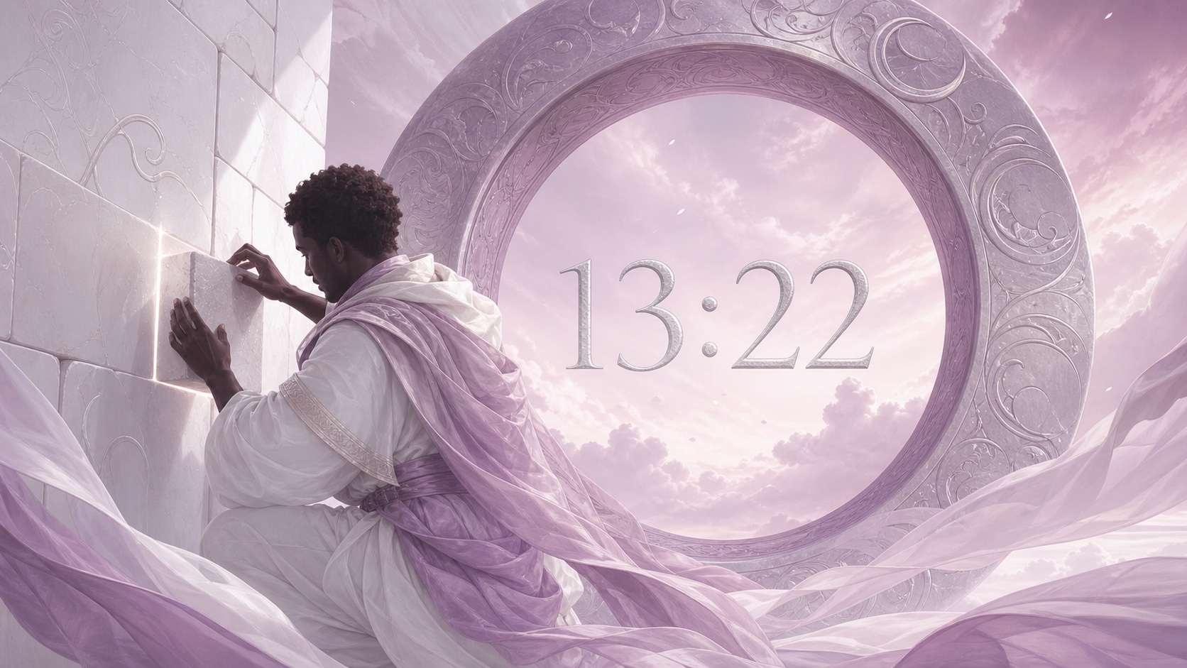 homme africain devant un anneau mauve pâle avec 13:22 en argent lunaire et un après-midi nacré, signification de l'heure 13:22