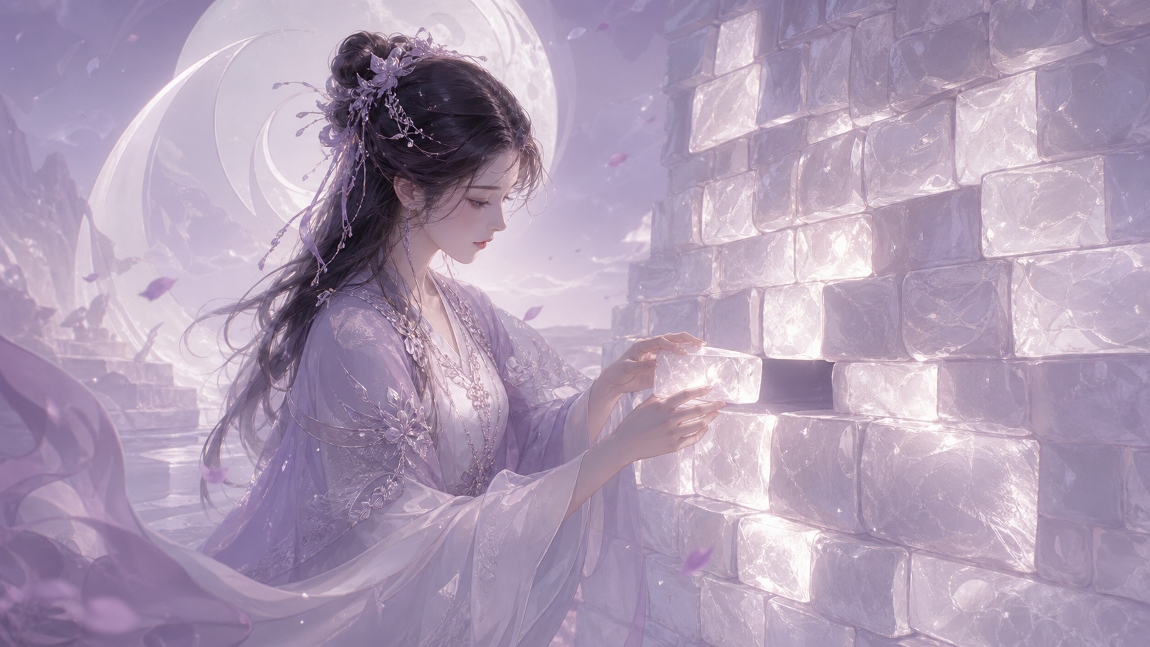 femme asiatique remplaçant délicatement une pierre dans un mur de lumière, vibration de l'heure 13:22
