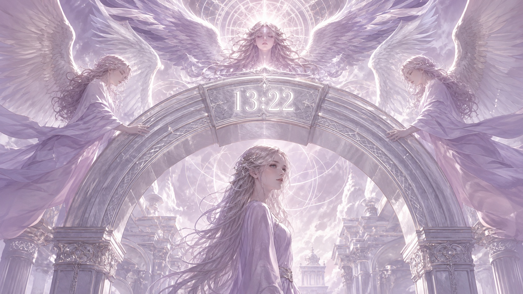 personnage nordique sous une arche géométrique nacrée avec Hahahel, symbolique de l'heure 13:22