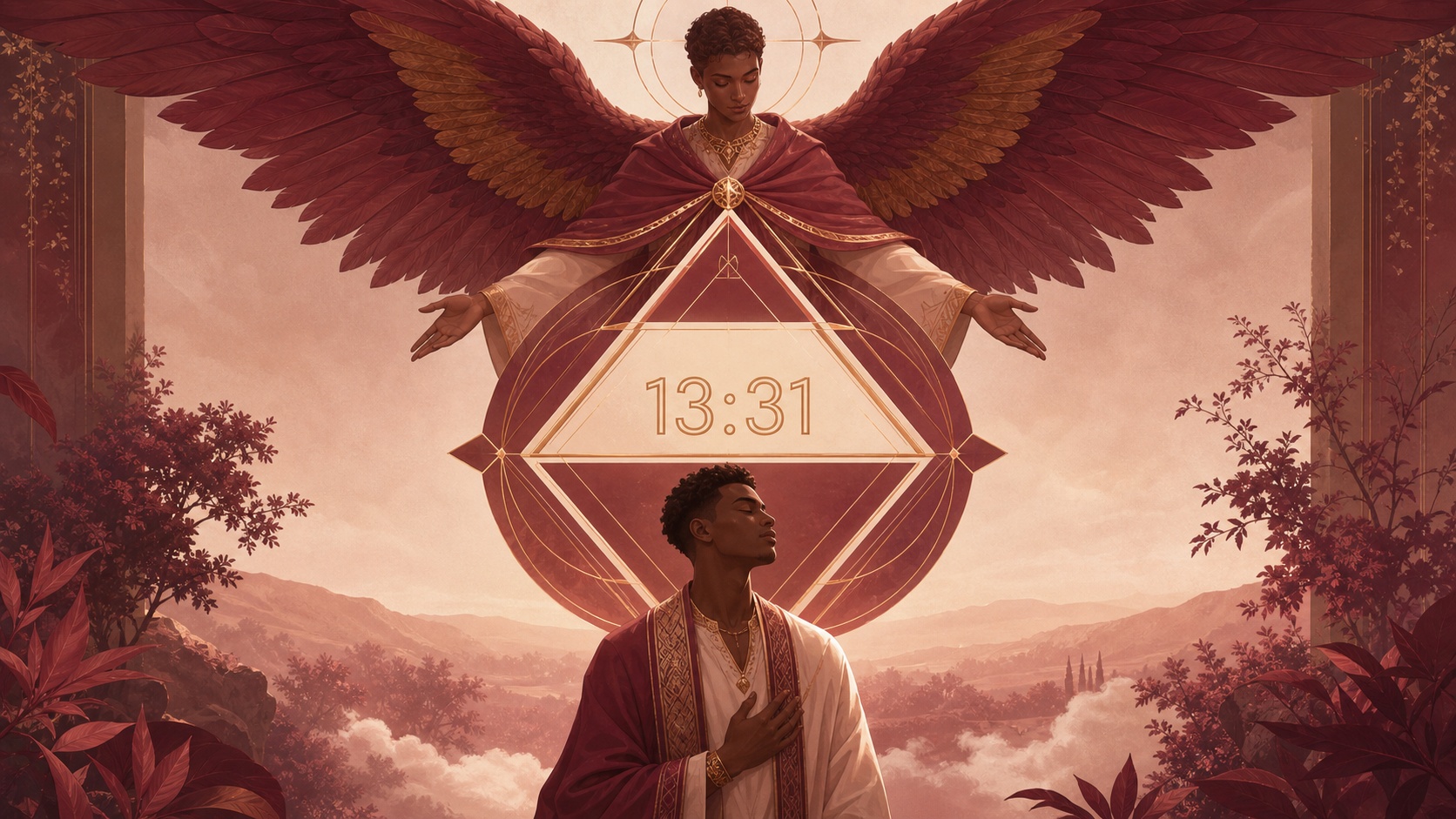 personnage africain devant deux triangles inversés en indigo et blanc cendré avec Iezalel, symbolique de l'heure 13:31