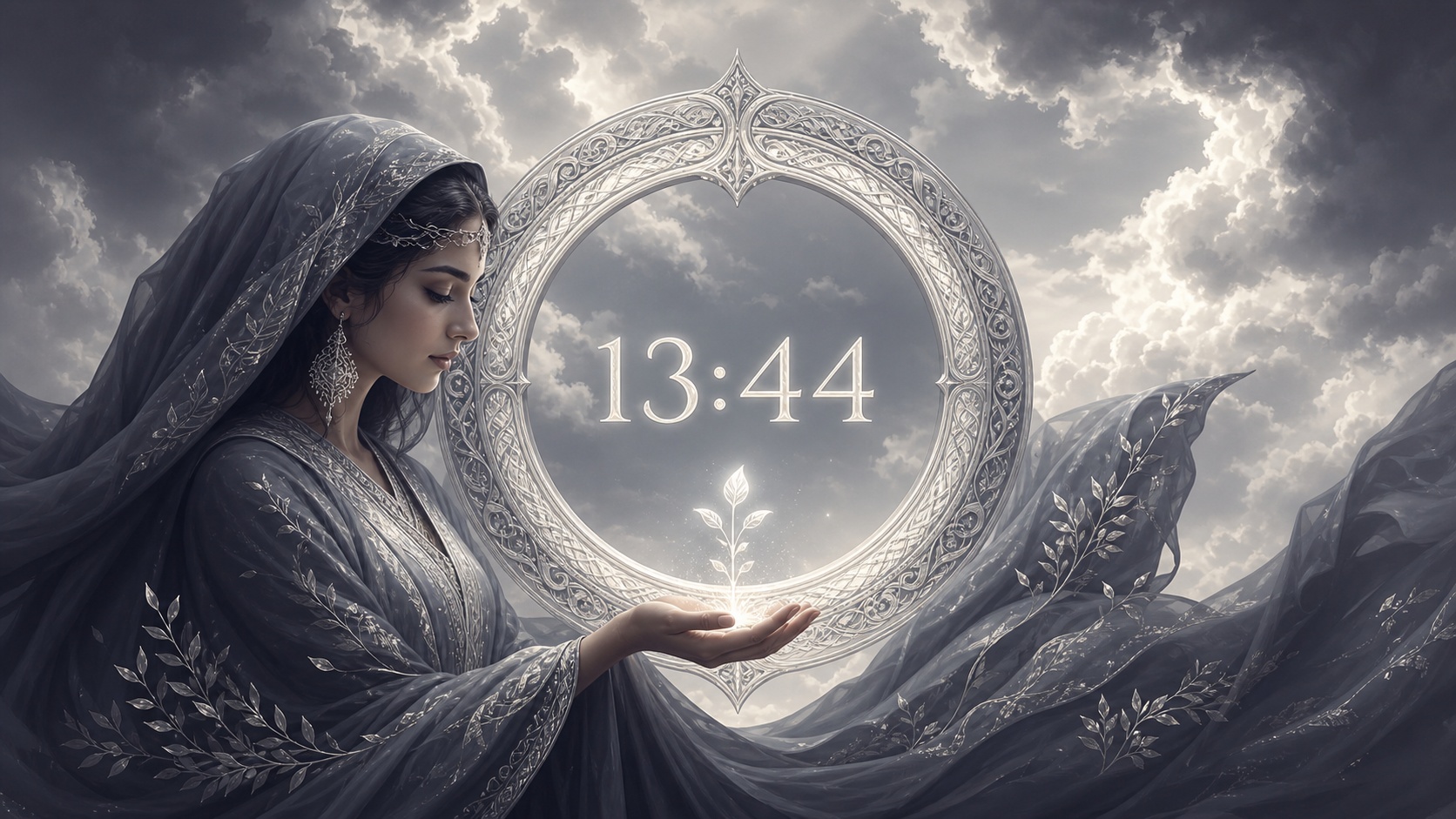 femme moyen-orientale devant un anneau gris ardoise et argent lumineux avec 13:44 et un ciel d'après-midi, signification de l'heure 13:44