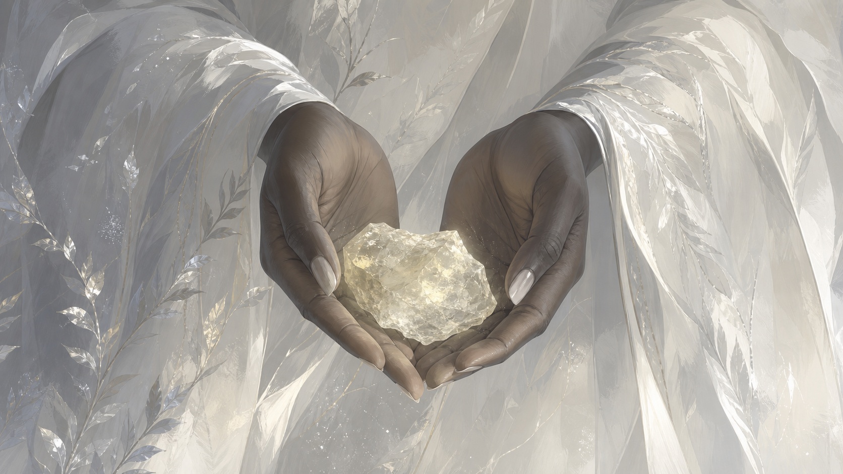 mains africaines tenant une citrine pâle dans un geste de fécondité protégée, message de l'heure 13:44