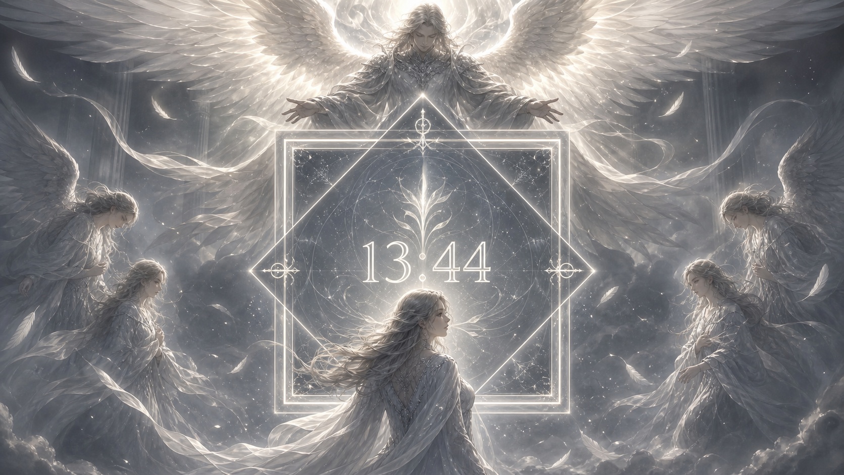 personnage européen devant un carré géométrique doublement ancré gris ardoise et argent lumineux avec Mikael, symbolique de l'heure 13:44