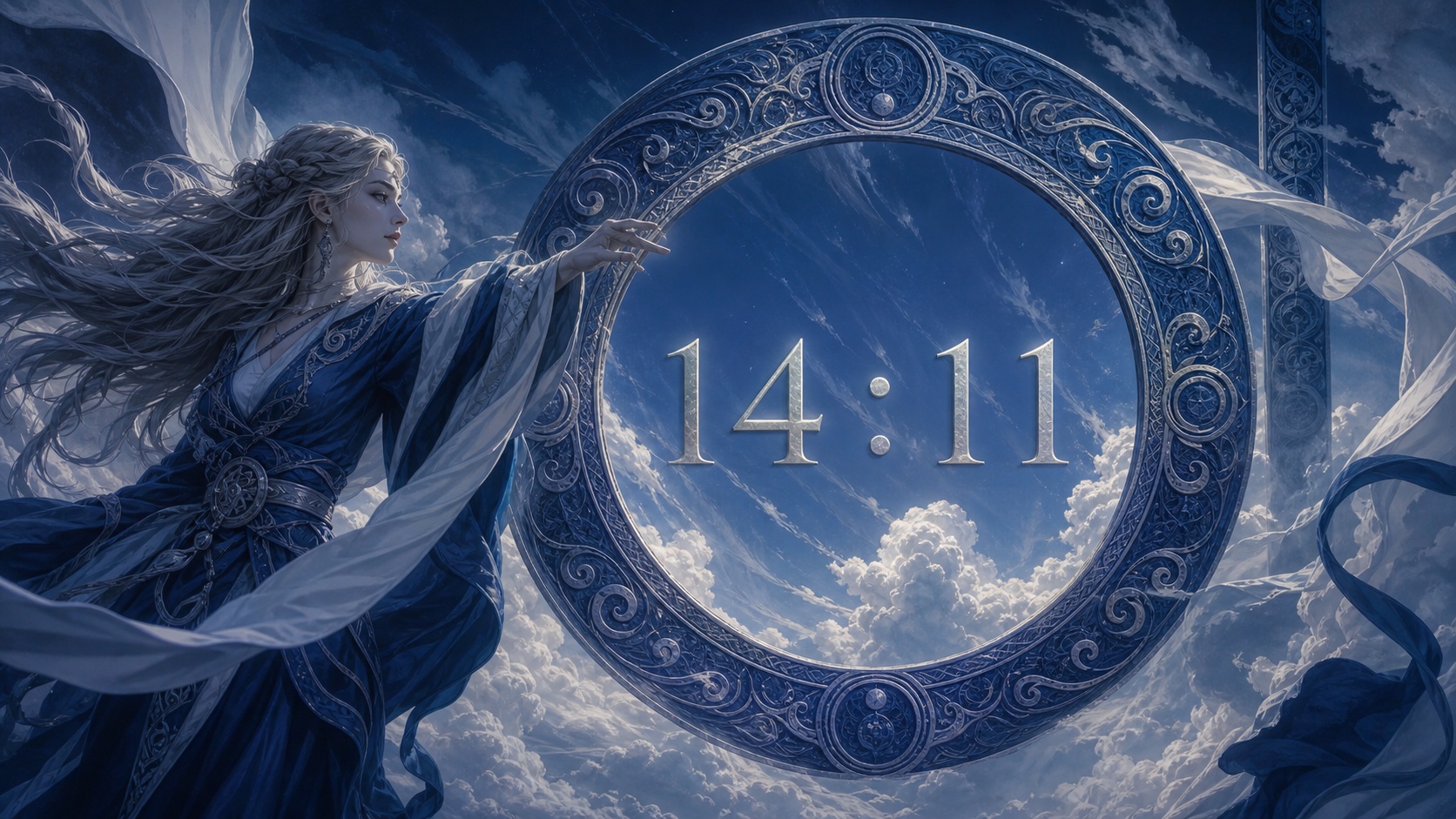 femme nordique devant un anneau en pierre bleue avec 14:11 en argent lunaire et un ciel d'après-midi profond, signification de l'heure 14:11