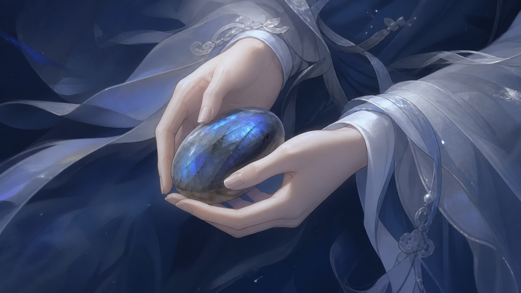 mains asiatiques tenant une labradorite au milieu de l'activité, message de l'heure 14:11