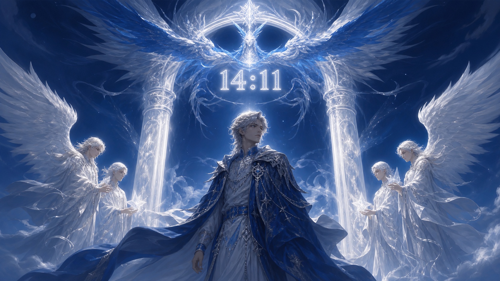 personnage européen entre deux piliers de lumière argent lunaire évoquant le 11 avec Veuliah dans l'arc, symbolique de l'heure 14:11
