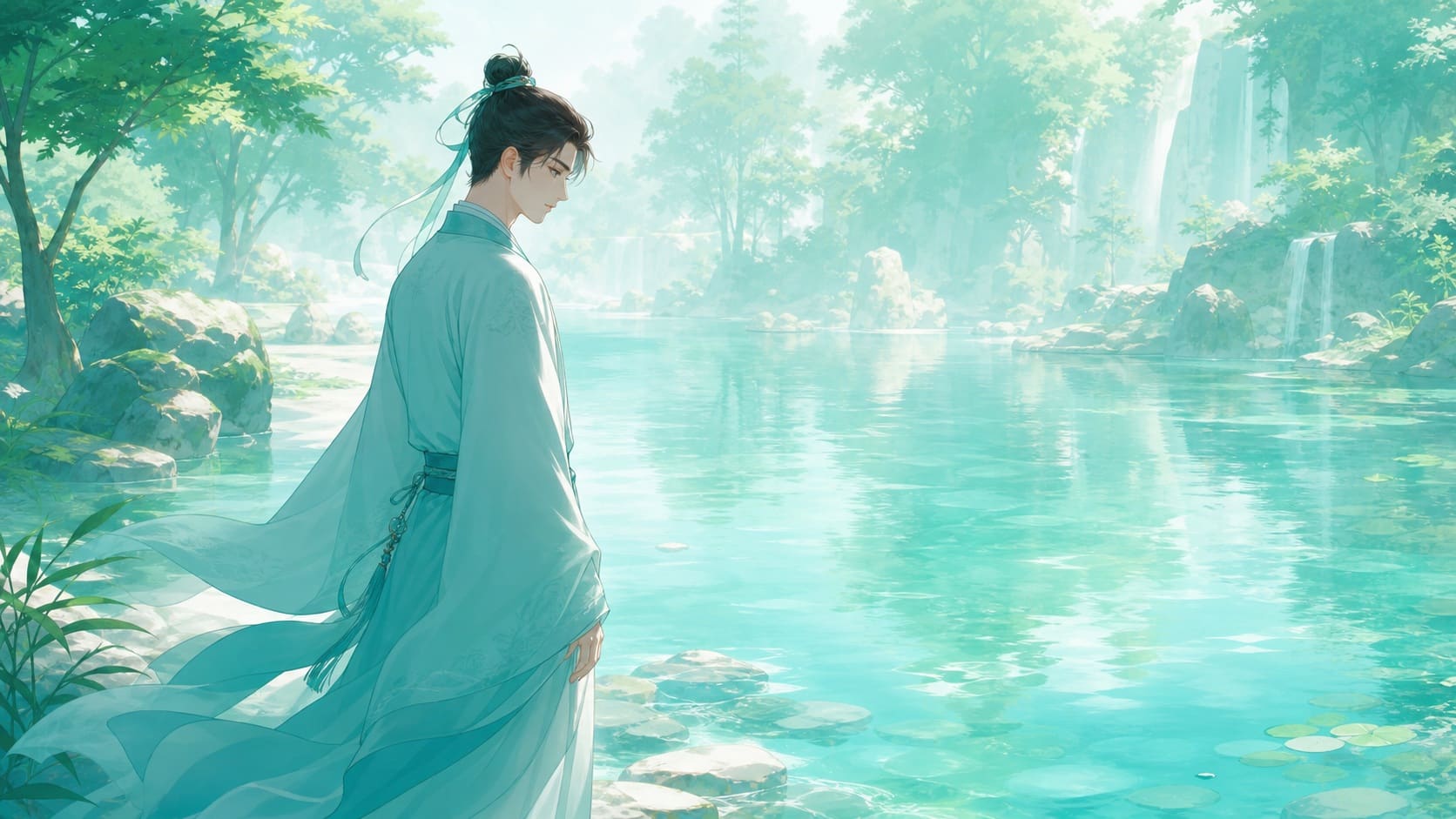 homme asiatique debout au bord d'un cours d'eau clair dans une posture d'équilibre contemplatif, vibration de l'heure 14:14