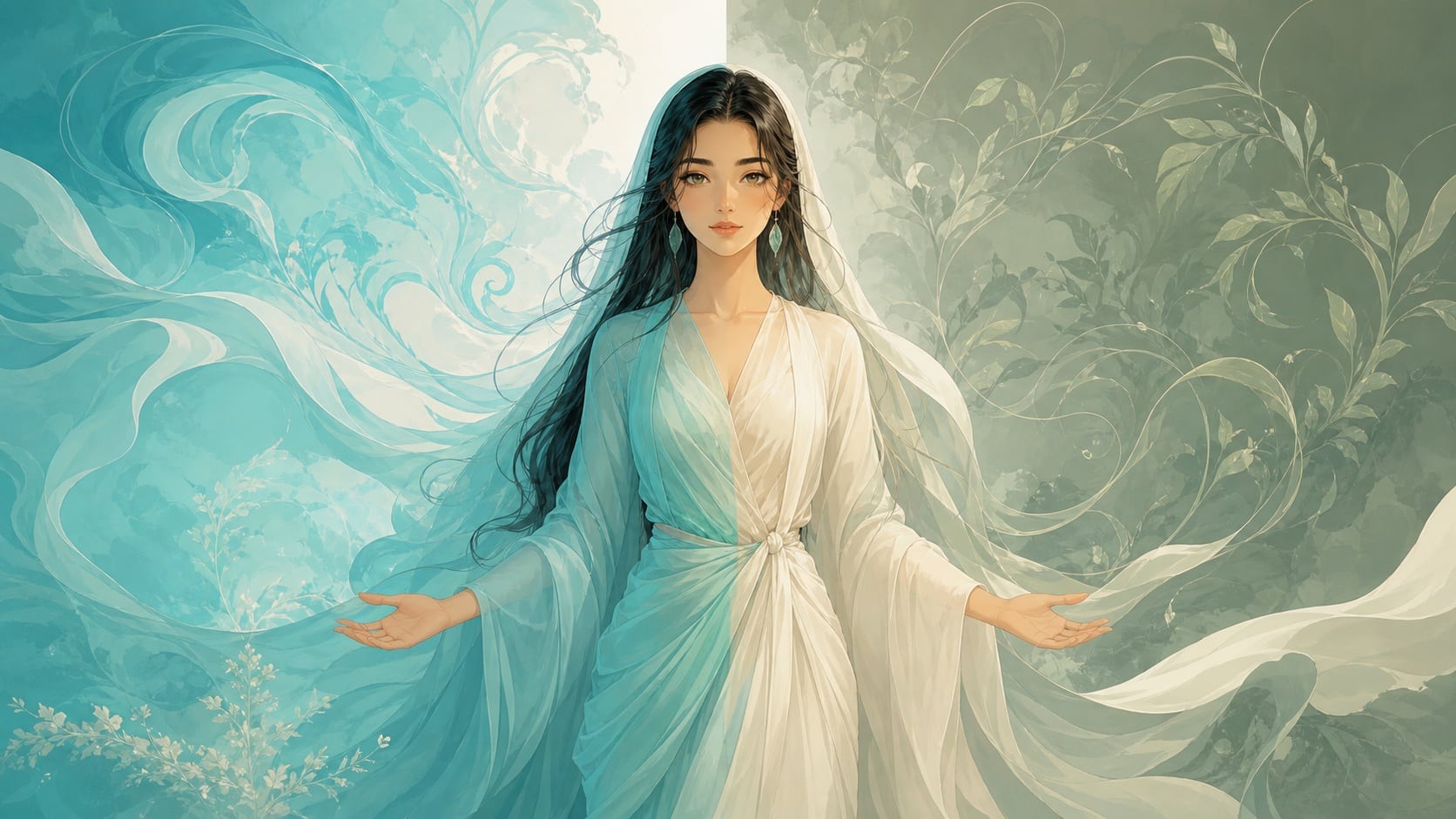 femme moyen-orientale debout entre lumière turquoise et ombre vert ardoise, enseignement de l'heure 14:14