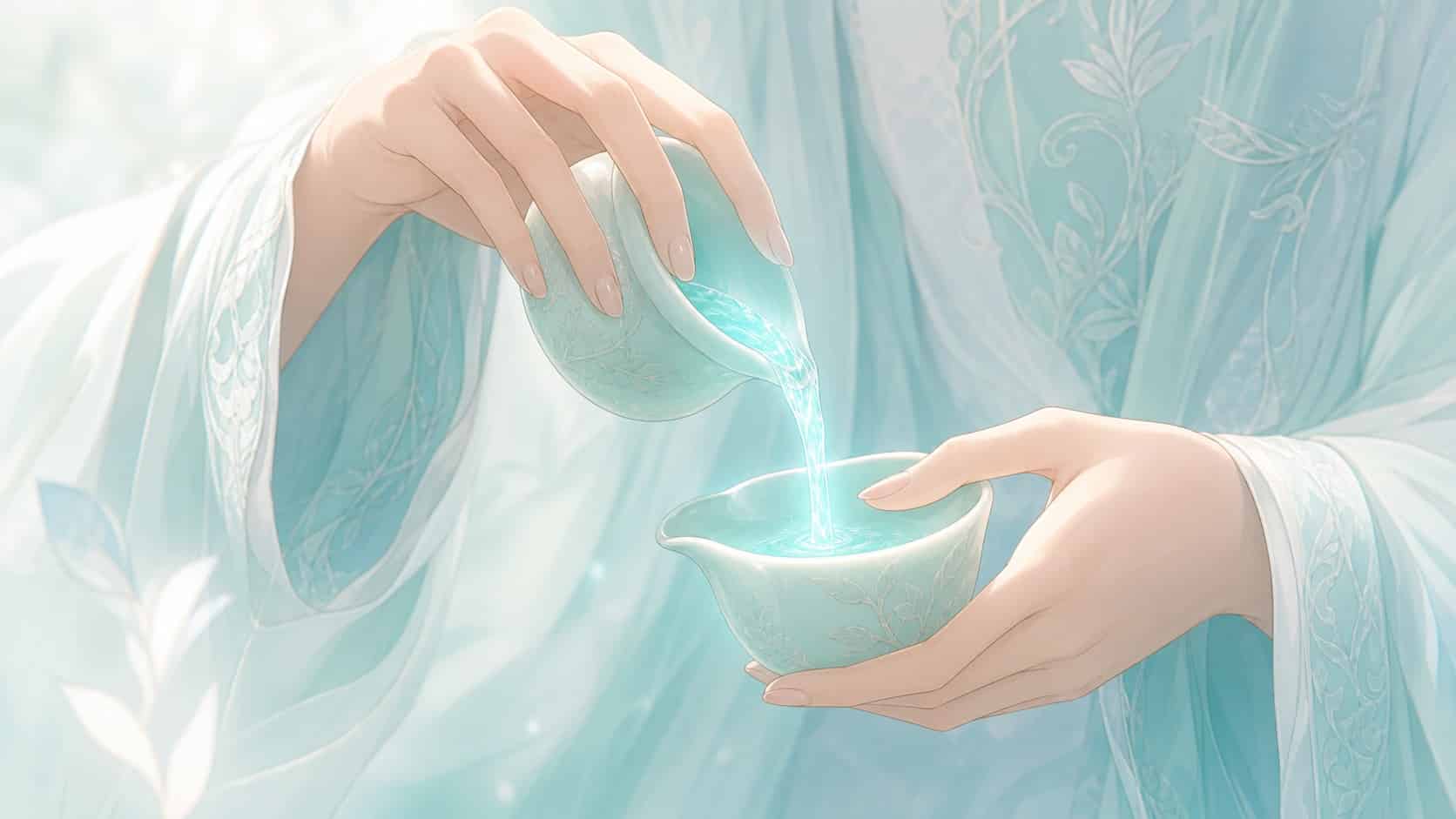 mains européennes versant doucement de l'eau d'une main à l'autre dans un geste de tempérance et d'équilibre, message de l'heure 14:14