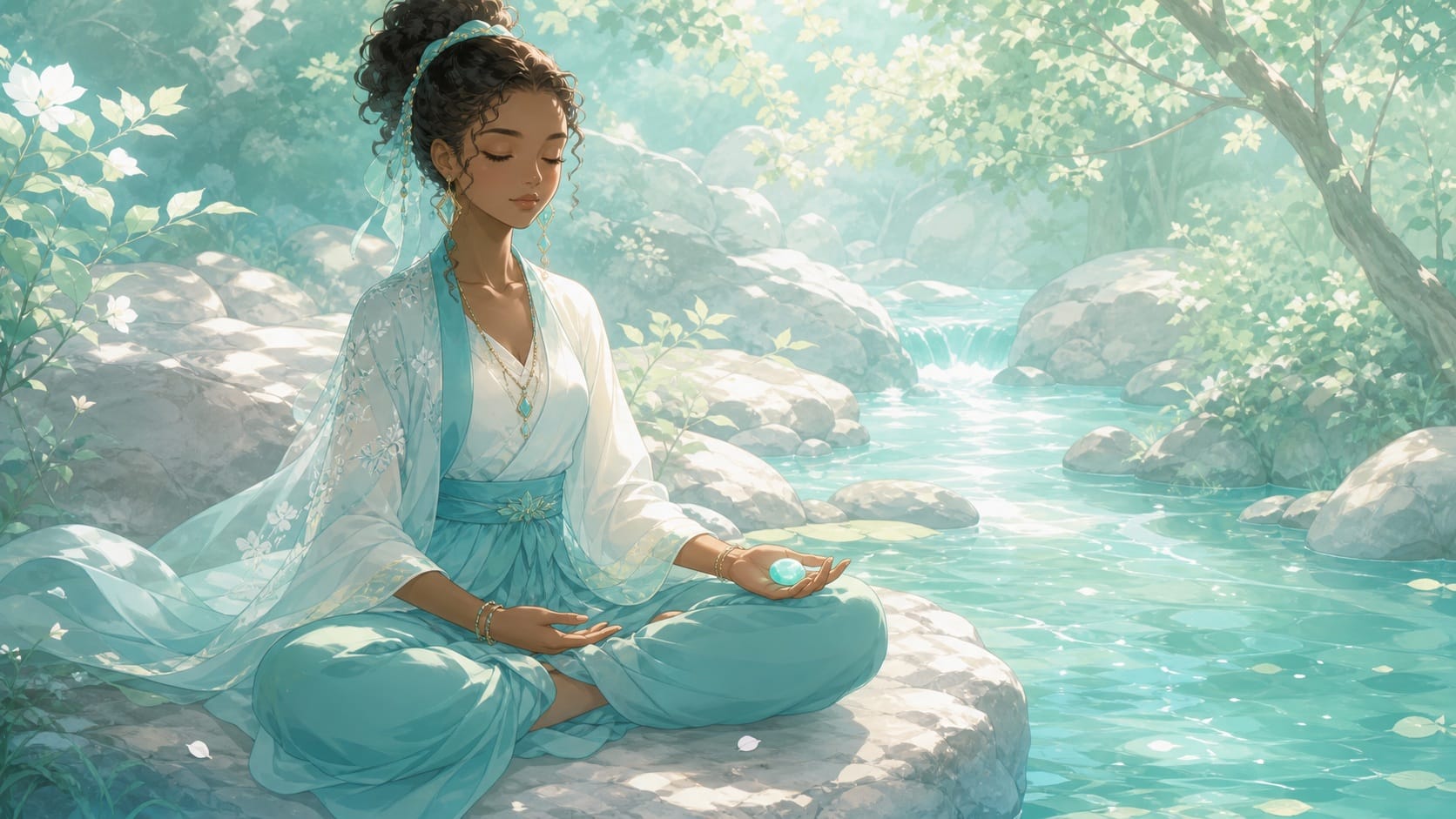 femme africaine assise en méditation au bord de l'eau dans la lumière de l'après-midi avec une turquoise dans la main, méditation guidée de l'heure 14:14