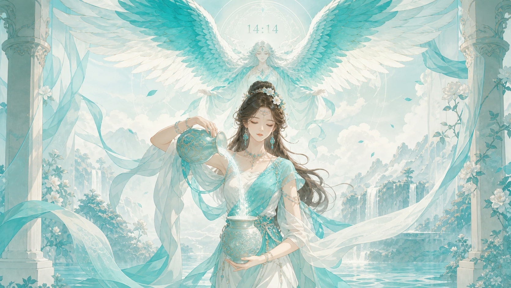 femme incarnant La Tempérance du tarot avec deux urnes et l'ange Veuliah avec le chiffre 14:14, symbolique sacrée de l'heure 14:14