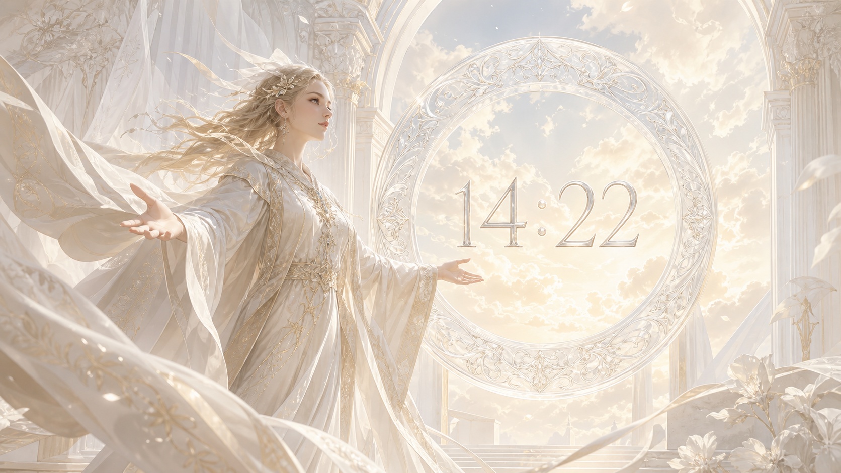 femme européenne devant un anneau en pierre claire avec 14:22 en argent lunaire et un après-midi doré pâle, signification de l'heure 14:22