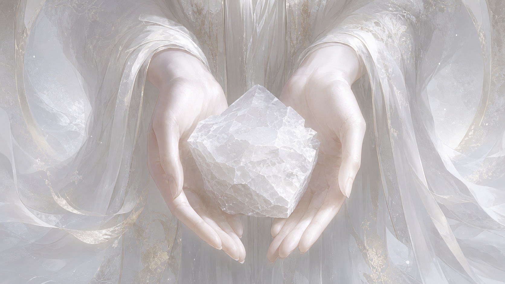 mains nordiques offrant une calcite blanche posée sur les paumes ouvertes, message de l'heure 14:22