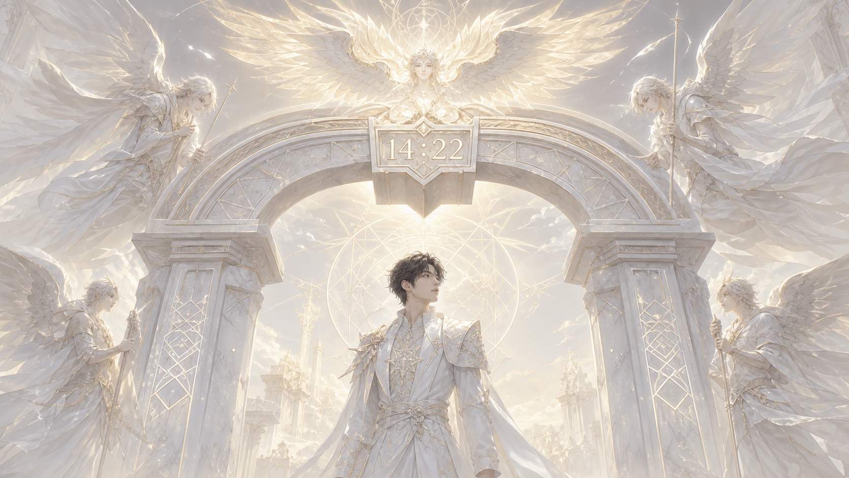 personnage asiatique sous une arche géométrique nacrée avec Yelahiah, symbolique de l'heure 14:22