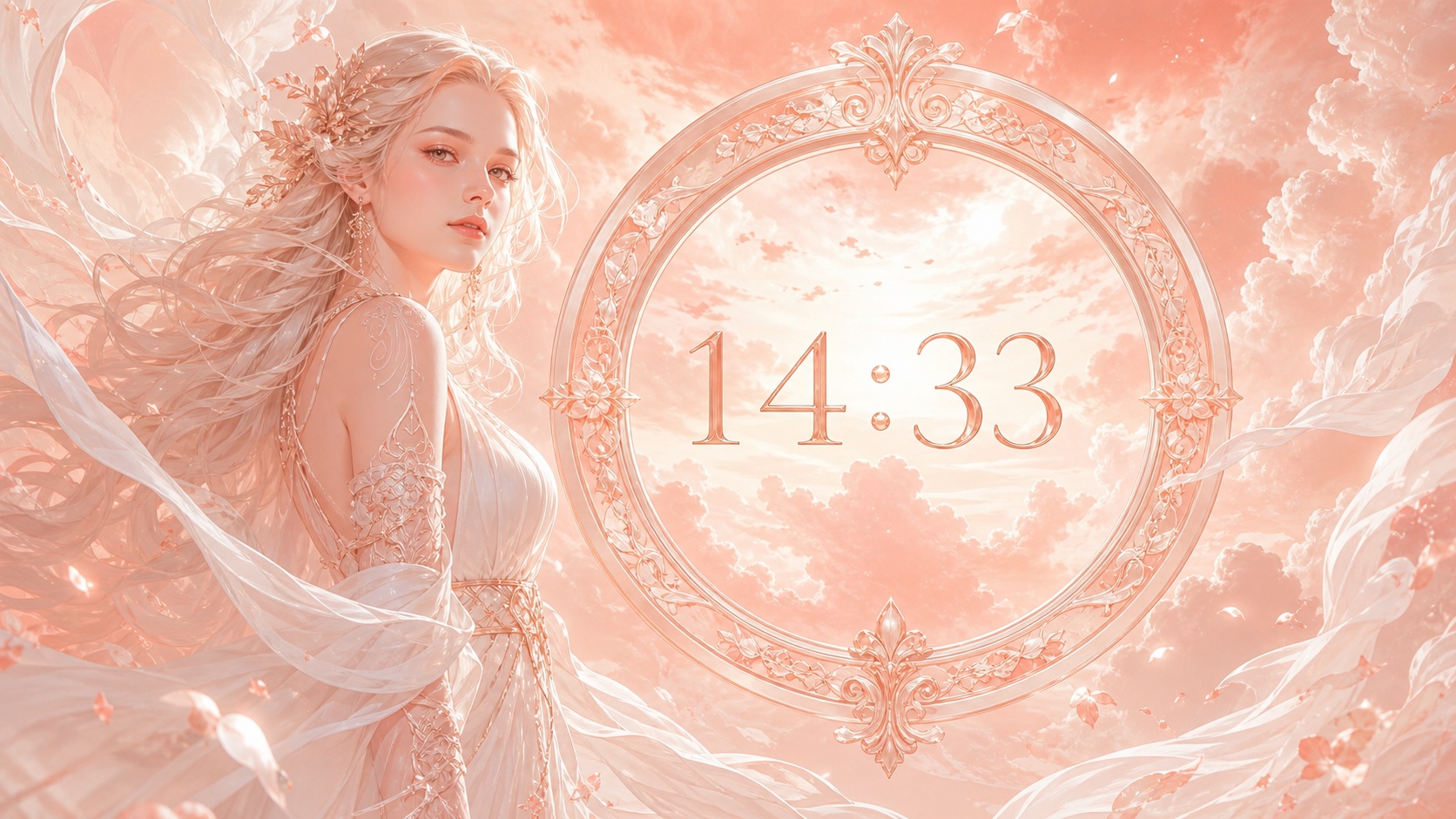 femme nordique devant un anneau nacré et or rosé avec 14:33 et un après-midi corail, signification de l'heure 14:33