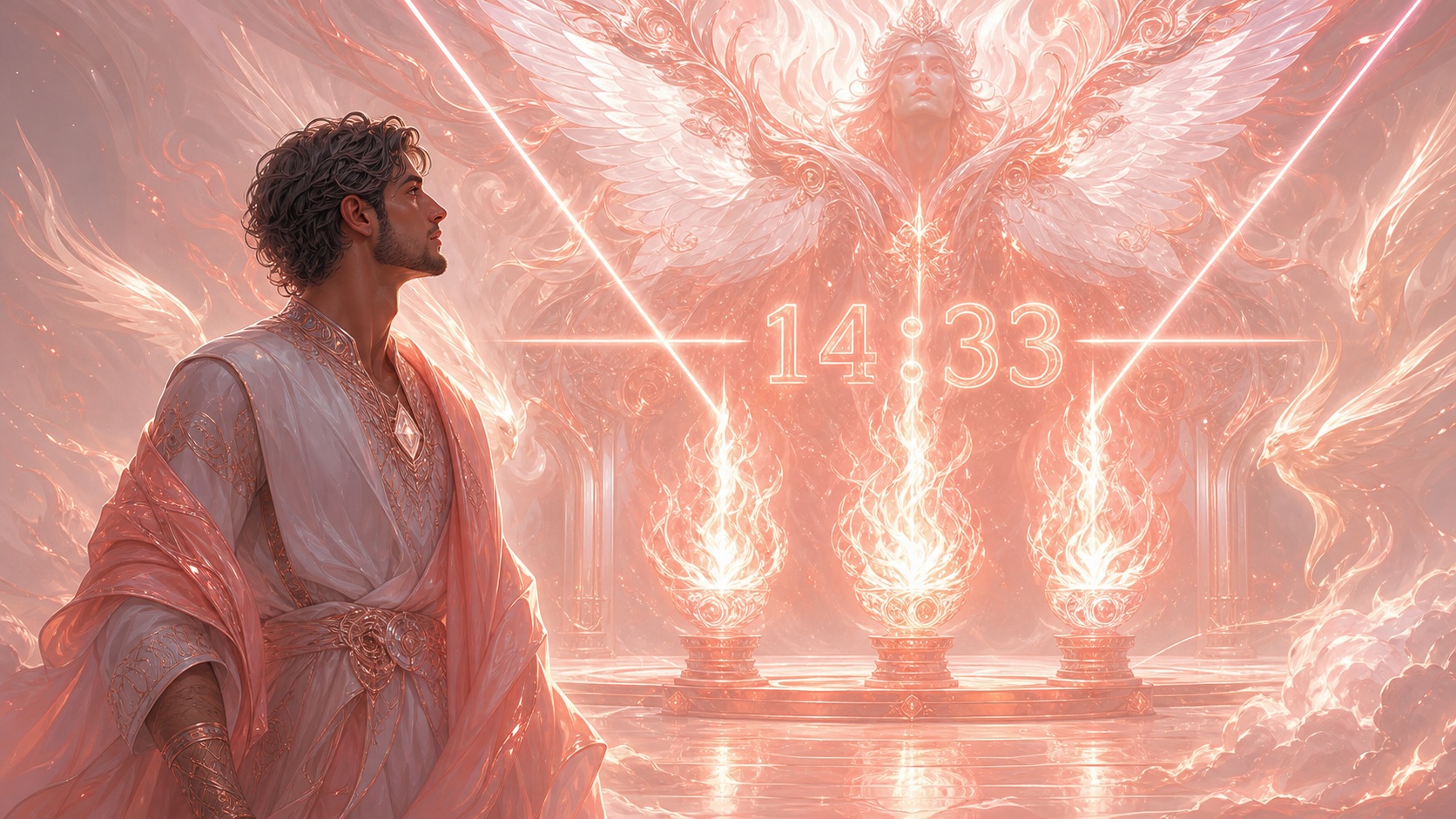 personnage moyen-oriental devant trois flammes corail avec Yelahiah, symbolique de l'heure 14:33